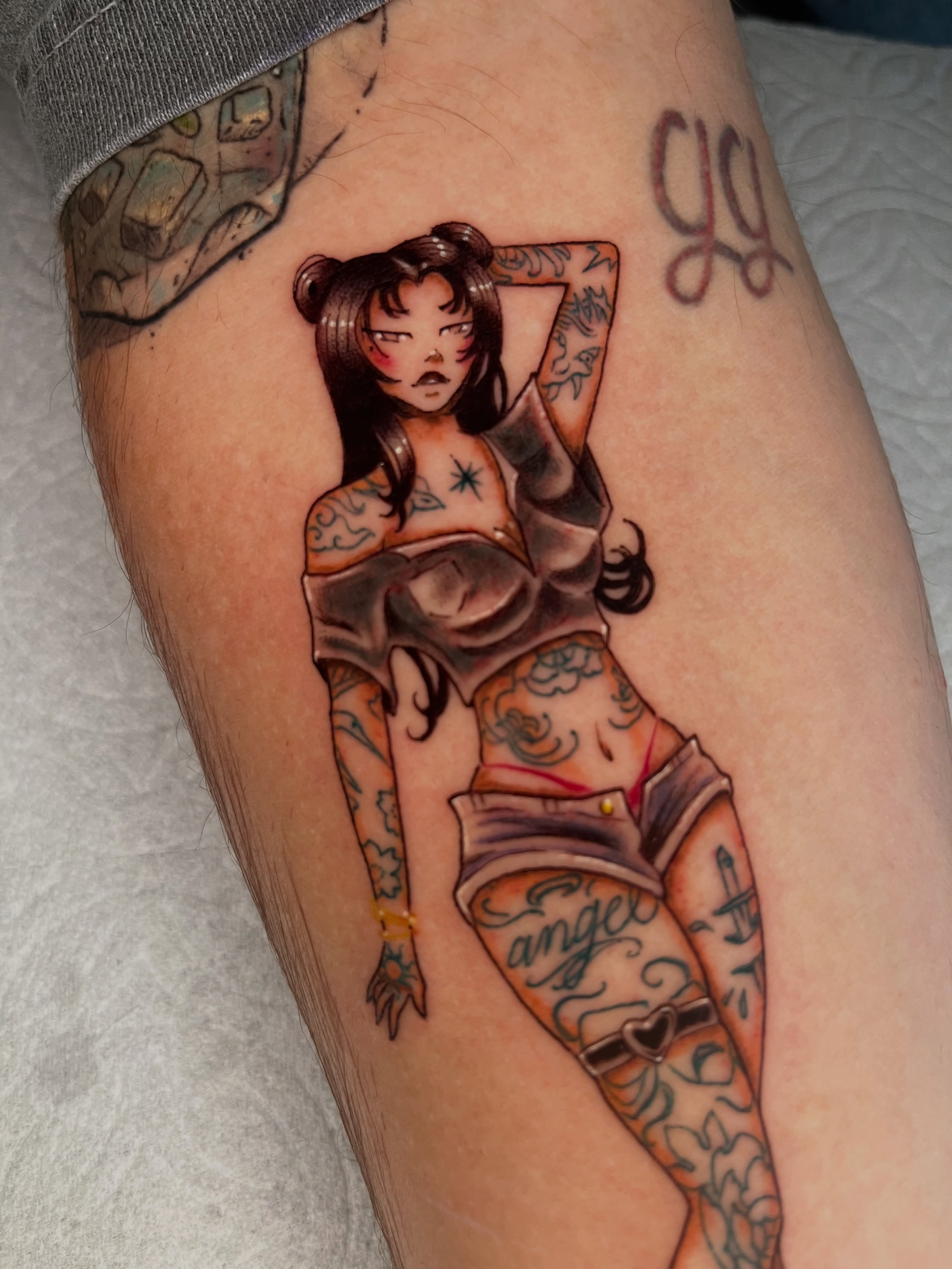 Anime girl anime tattoo on the leg by Odi ✮⋆˙, Las Vegas, Nevada
