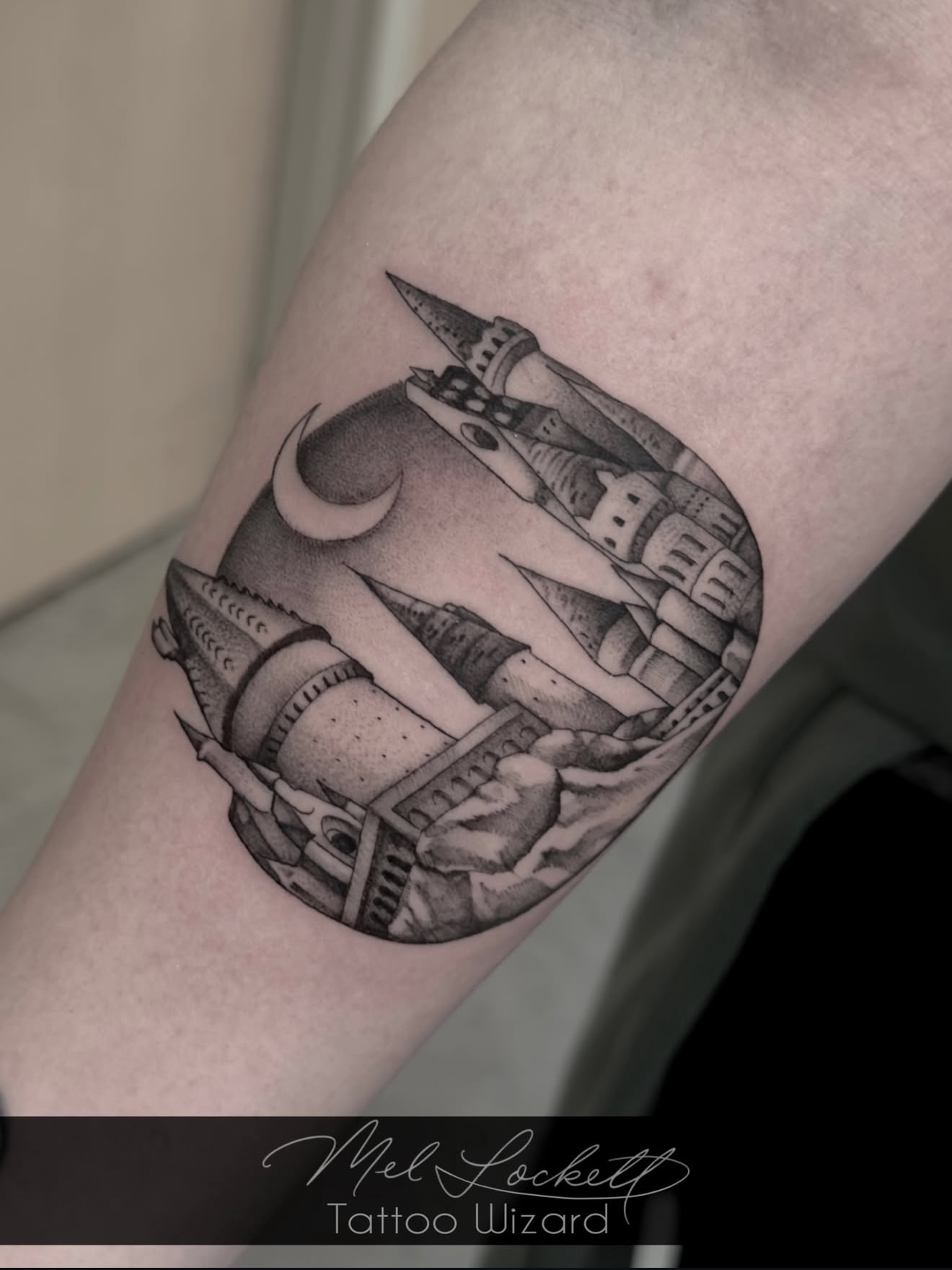 Cityscape realism tattoo on the forearm by Mel K Lockett - Nashville Tattoo Artist