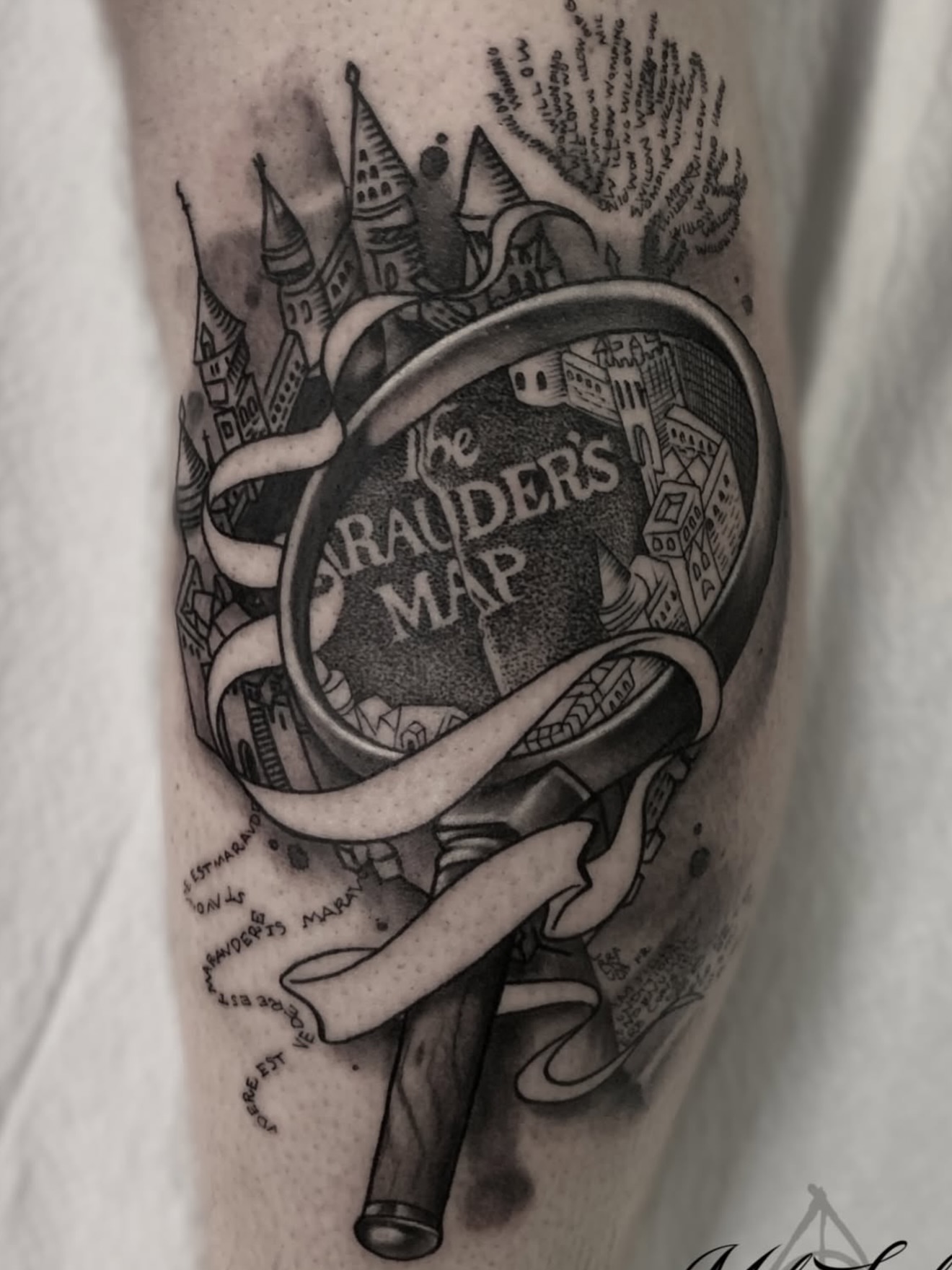 Hogwarts' Map black and grey tattoo on the forearm by Mel K Lockett - Nashville Tattoo Artist