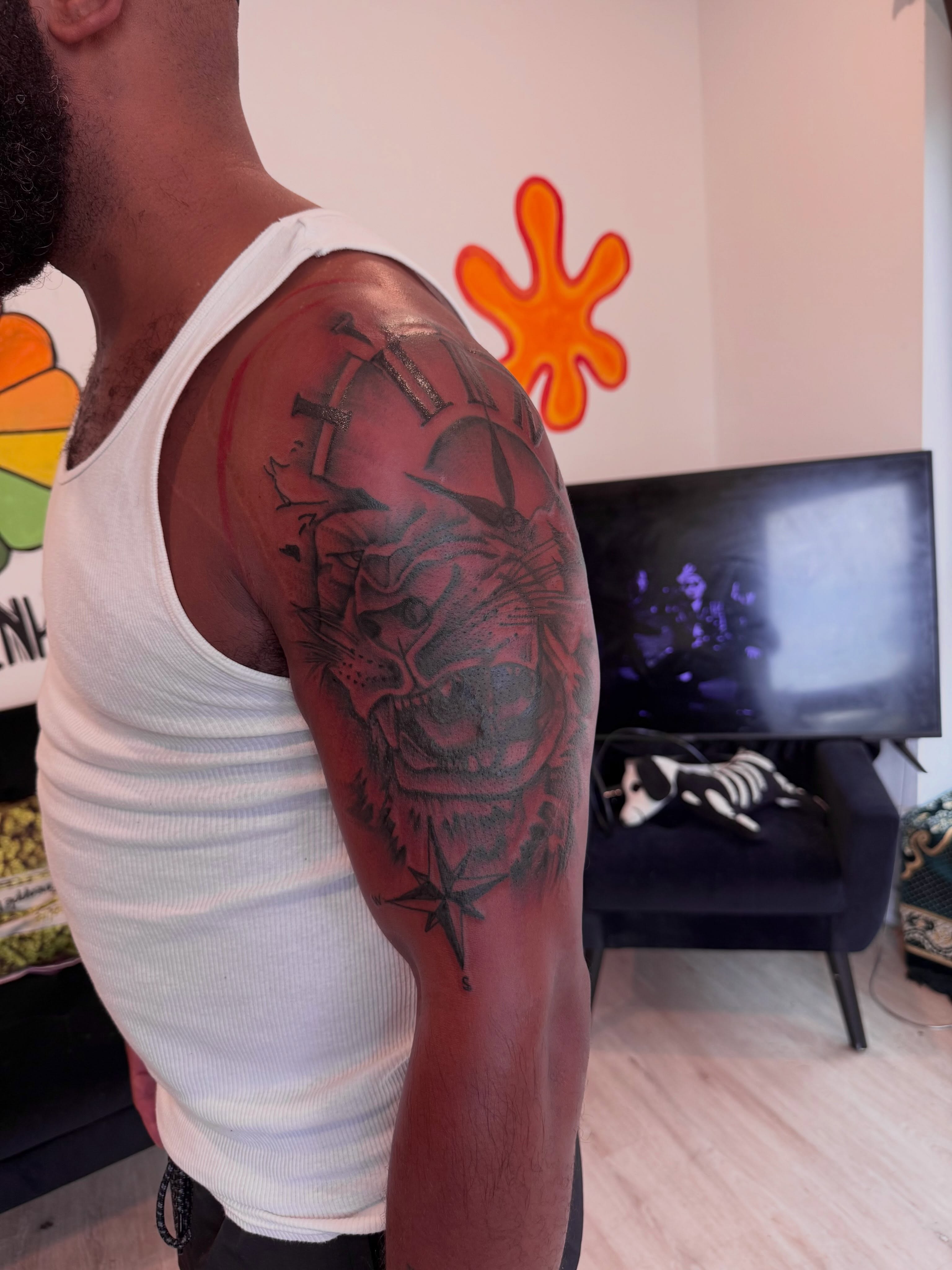 Pirate skull black and grey tattoo on the shoulder by inkedbylii, Philadelphia, Pennsylvania