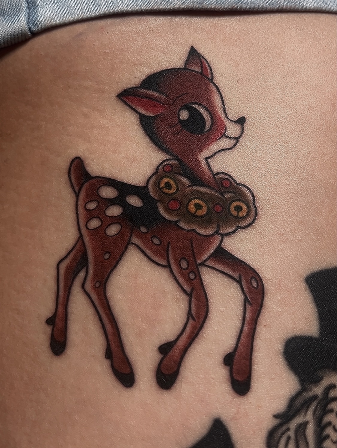 Deer American traditional tattoo on the thigh by Las Vegas Tattoo Artist