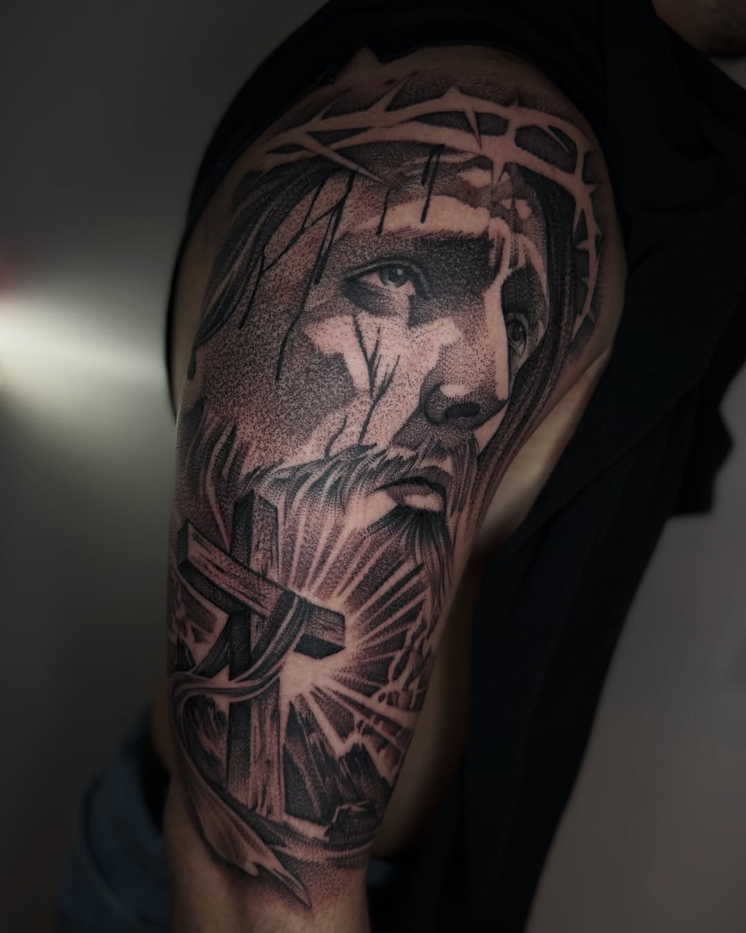 Religious figure dotwork tattoo on the shoulder by 💞Juju💕