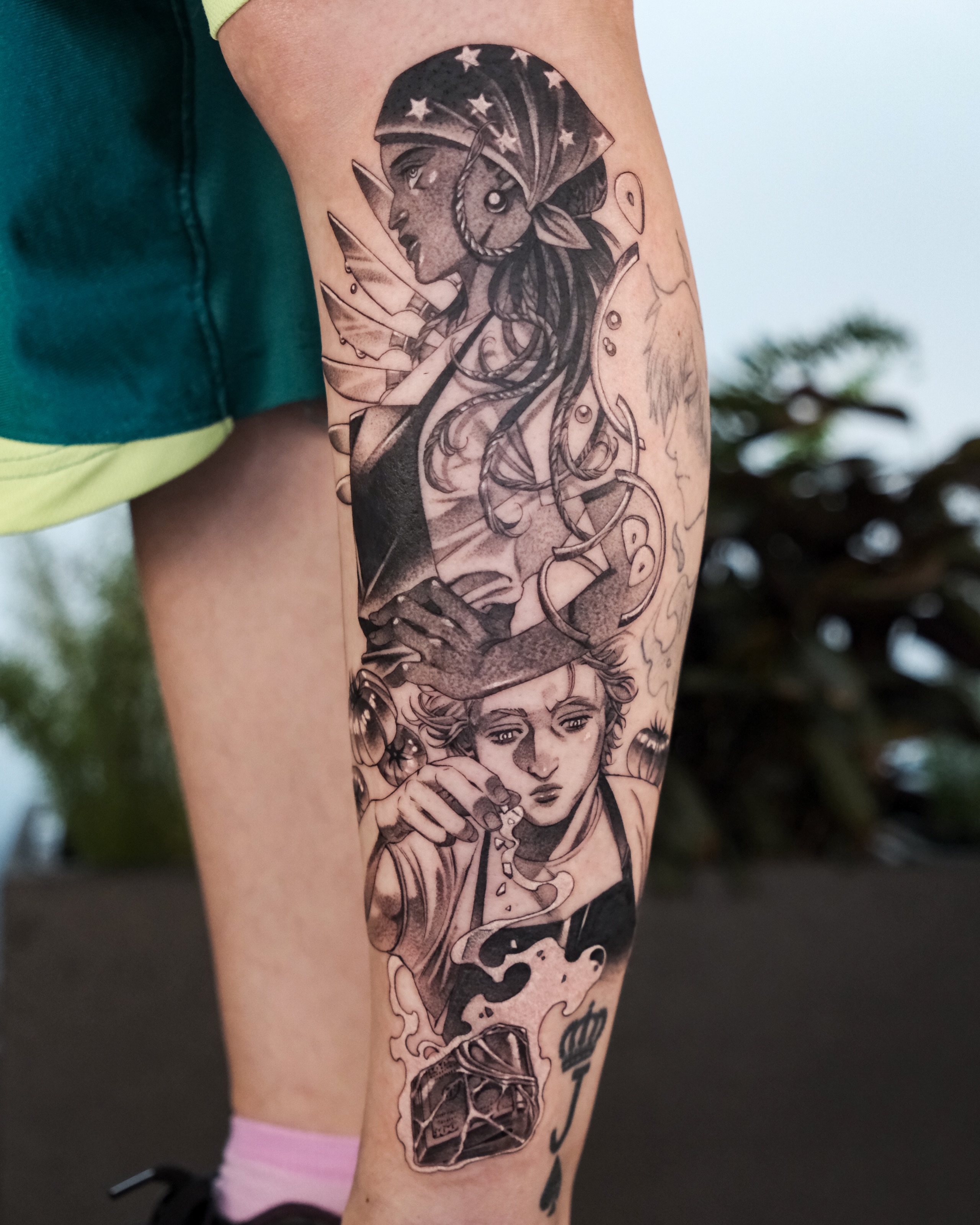 Female figure with stars realism tattoo on the forearm by Hemi 혜미타투