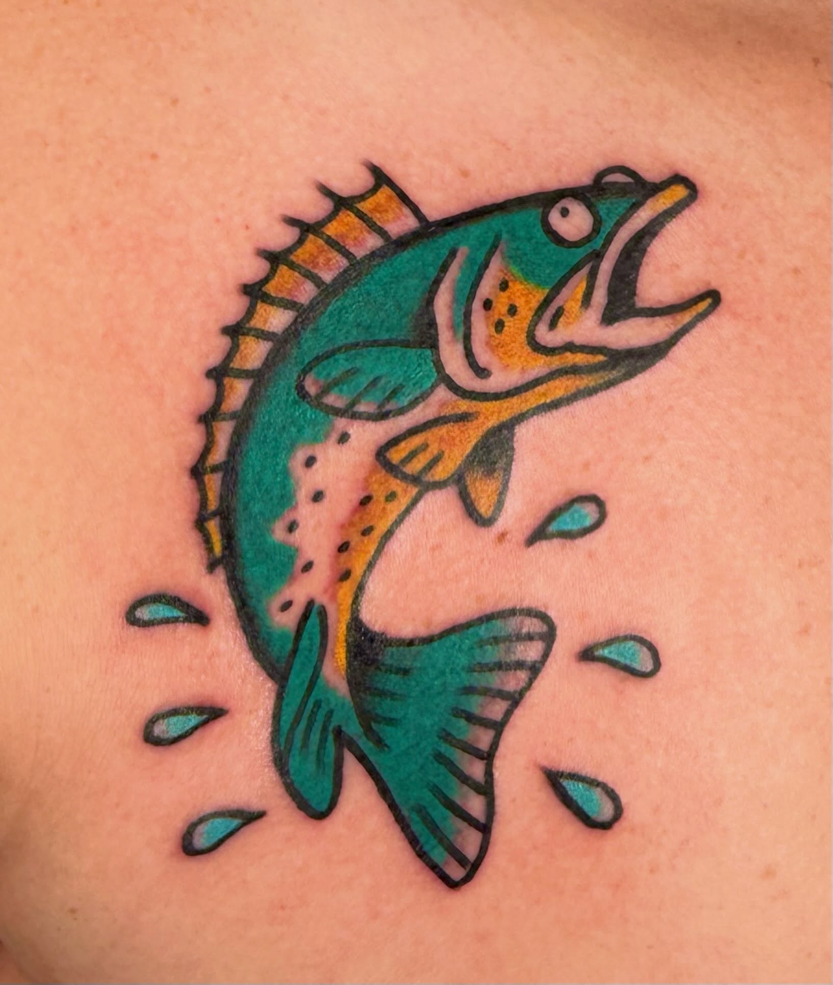 Fish American traditional tattoo on the back by Henry Bubula, Minneapolis, Minnesota