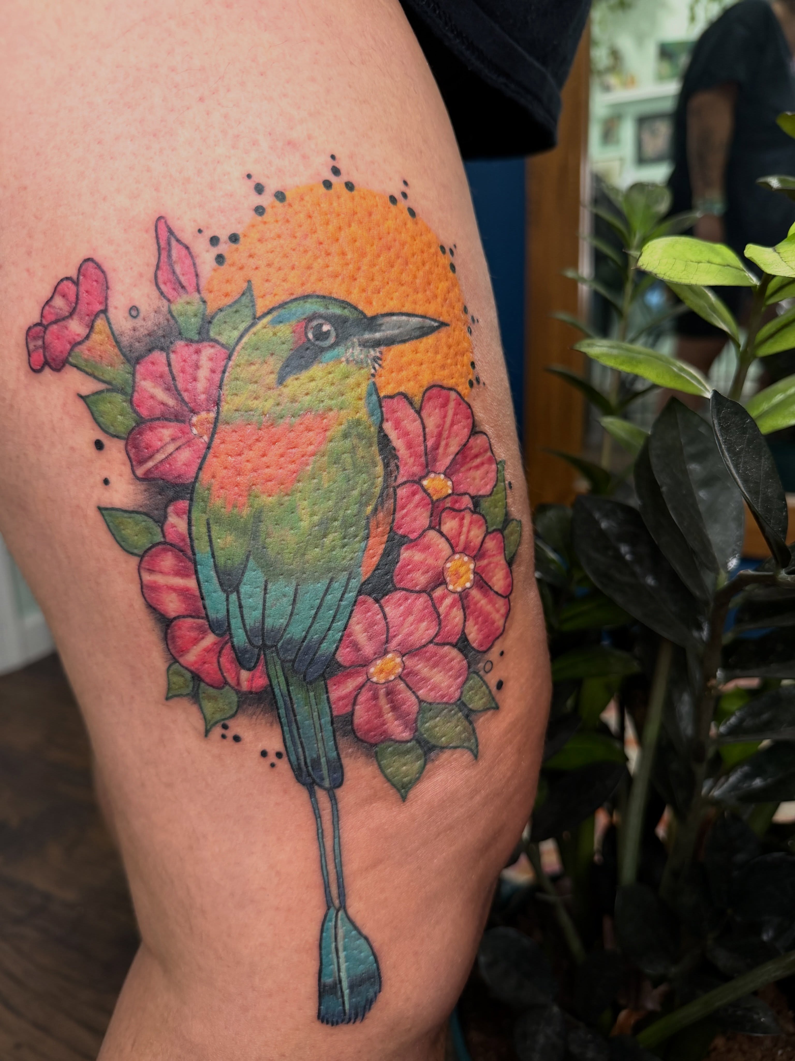 Bird and flowers dotwork tattoo on the thigh by AJ Jensen