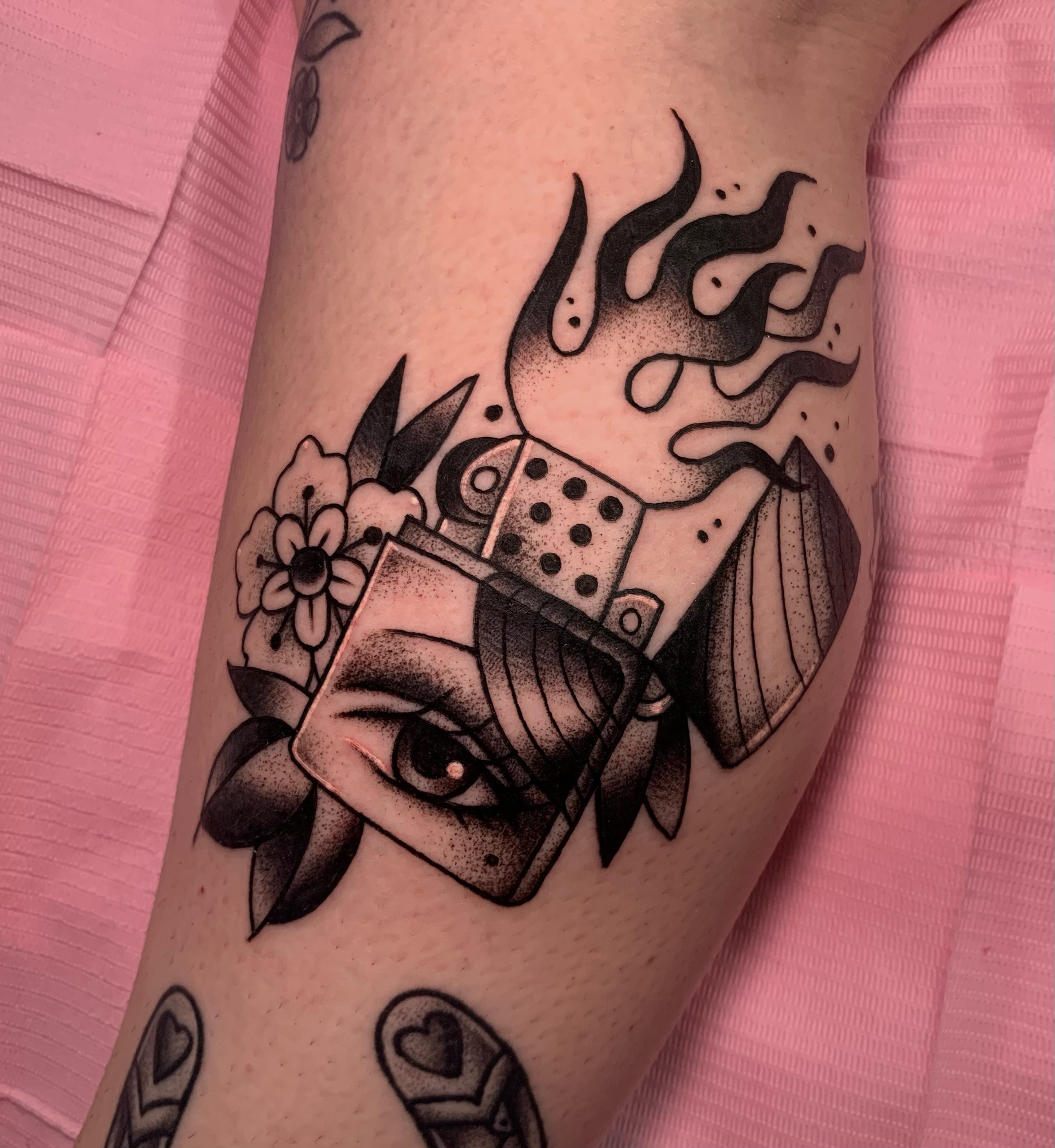 Eye and playing cards dotwork tattoo on the forearm by Aubrianna Grisez