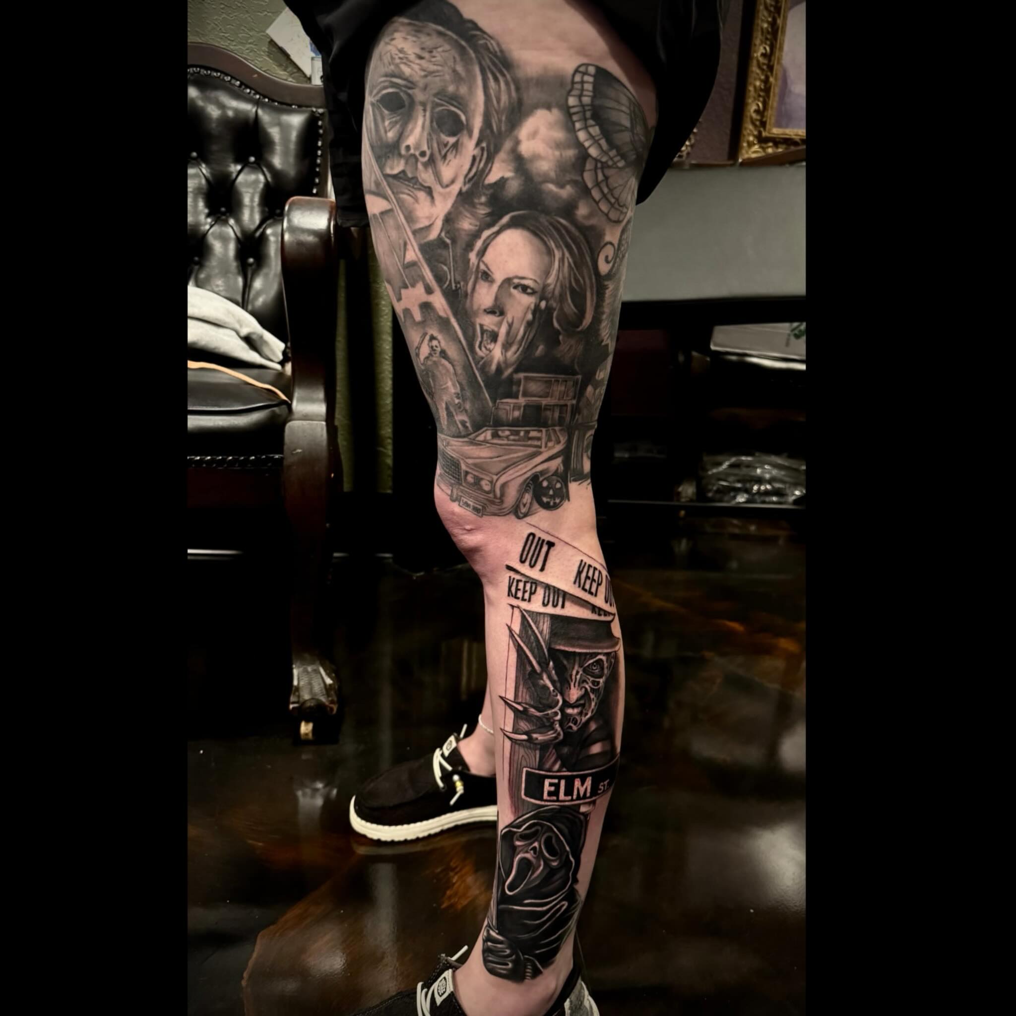 Horror movie characters realism tattoo on the forearm by Shae Sullivan