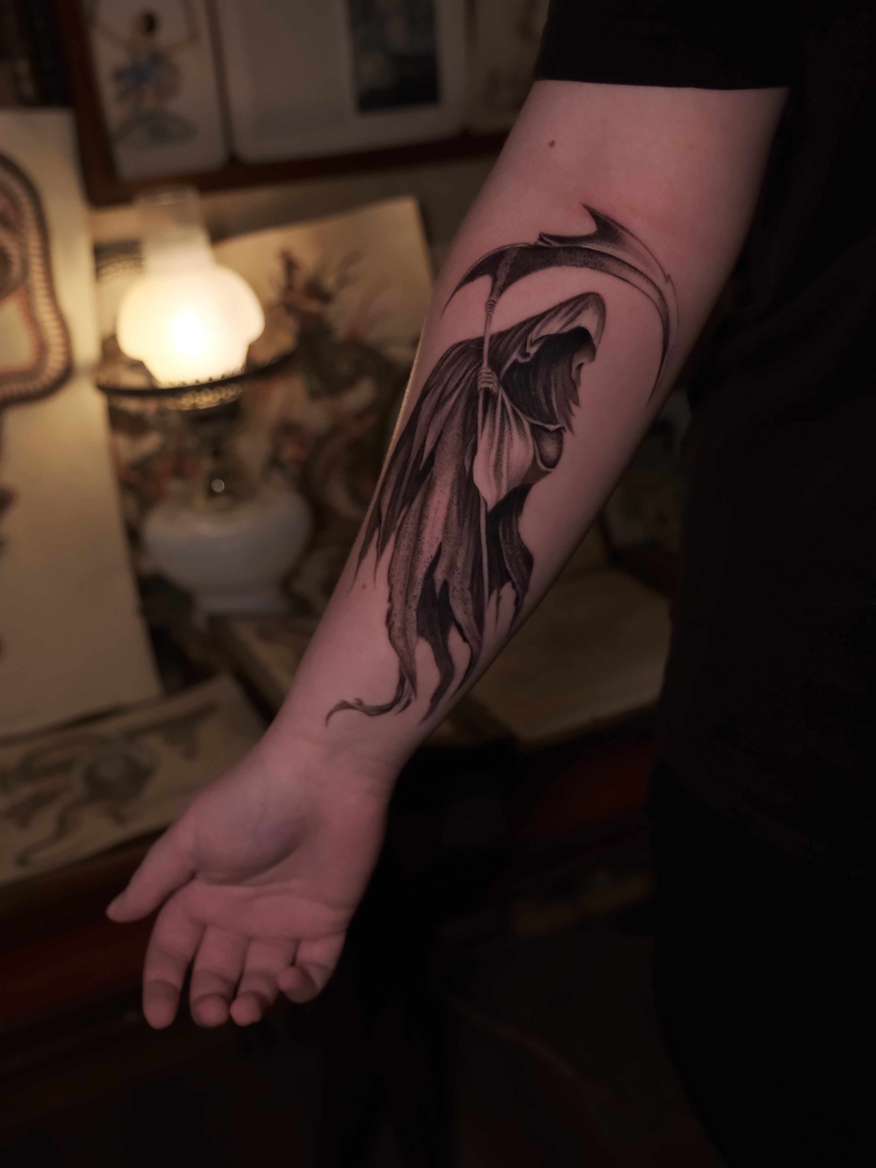 Dragon black and grey tattoo on the forearm by AL 777, Denton, Texas