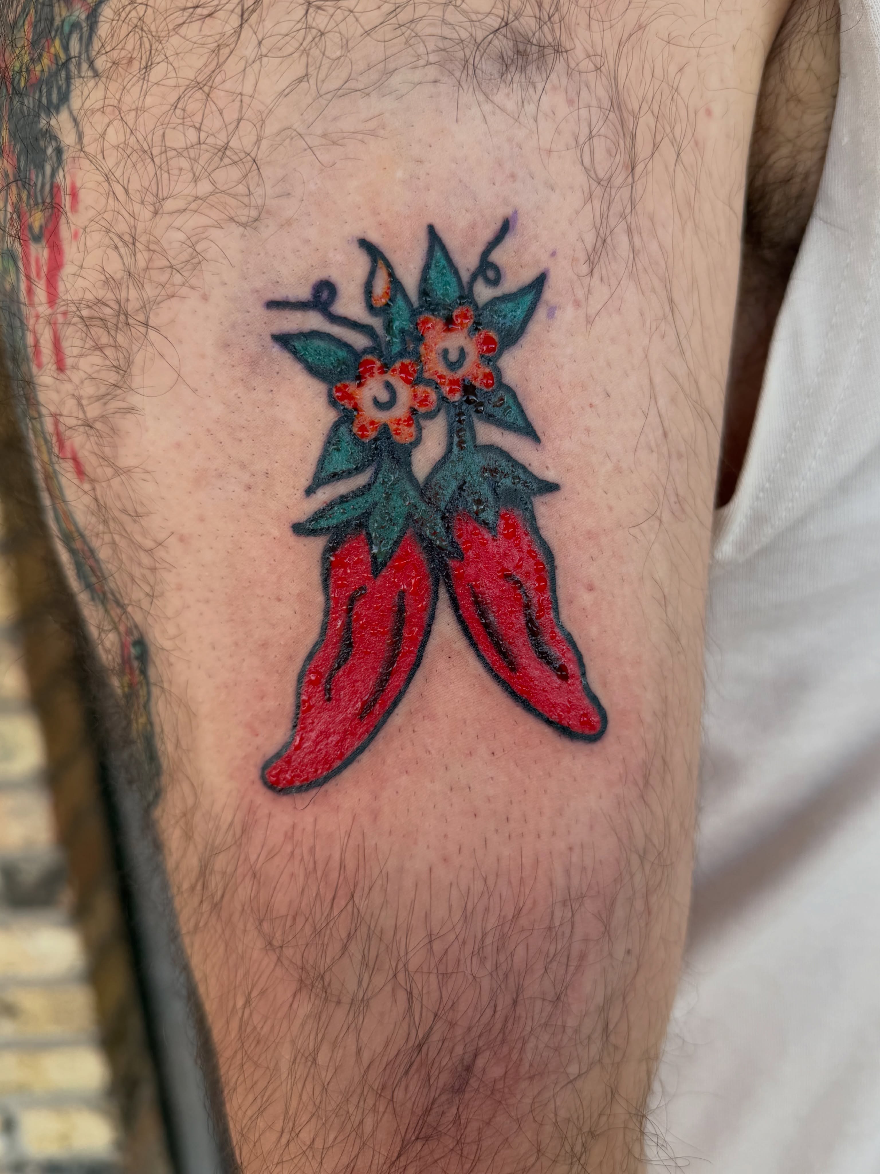 Chili peppers American traditional tattoo on the forearm by Myka King