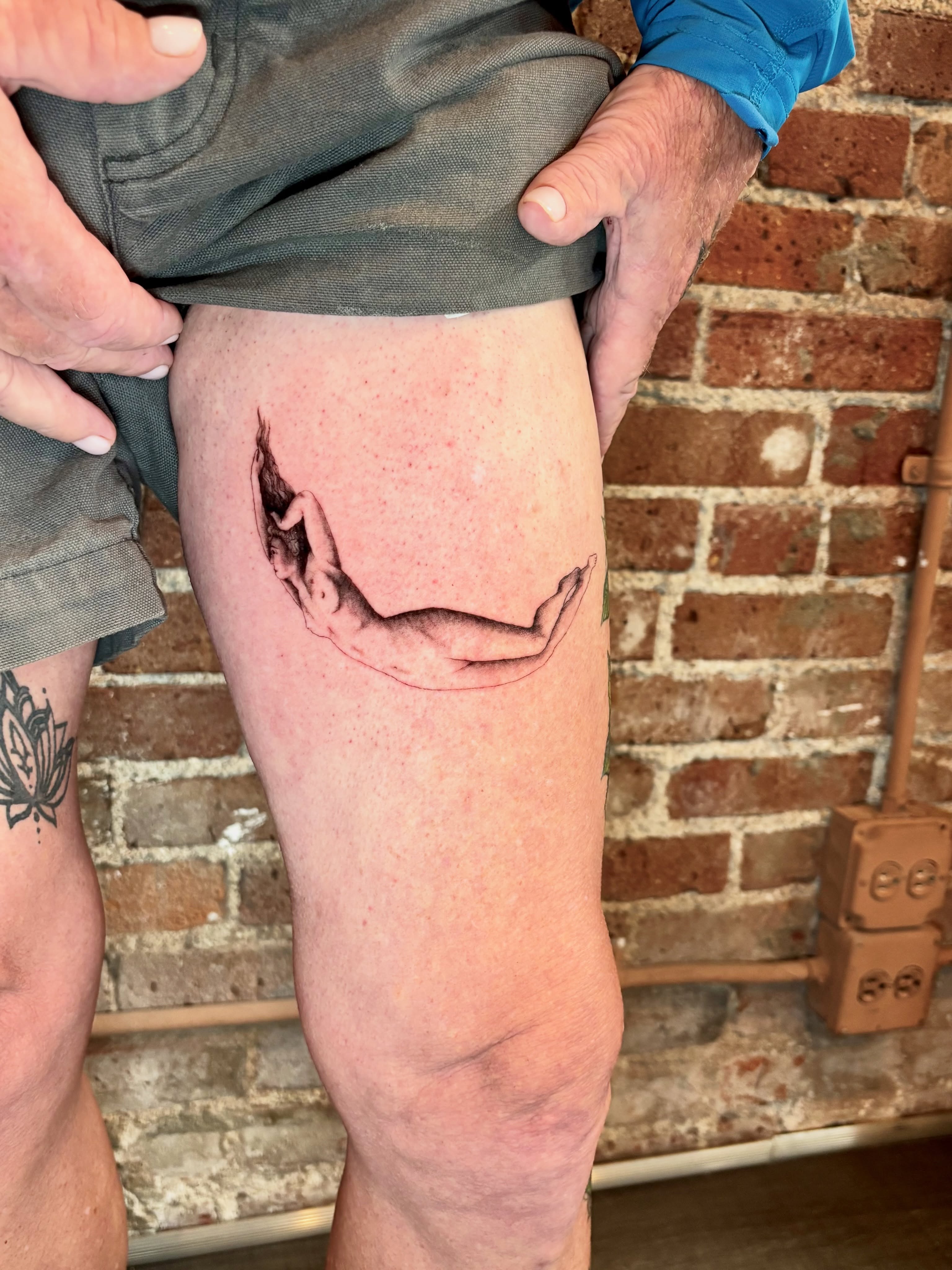 Woman realism tattoo on the thigh by Jojo Rose ✨ Denver Tattoo Artist