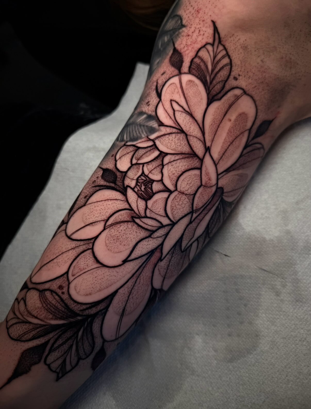 Peony dotwork tattoo on the forearm by H A N N A H, Colorado Springs, Colorado