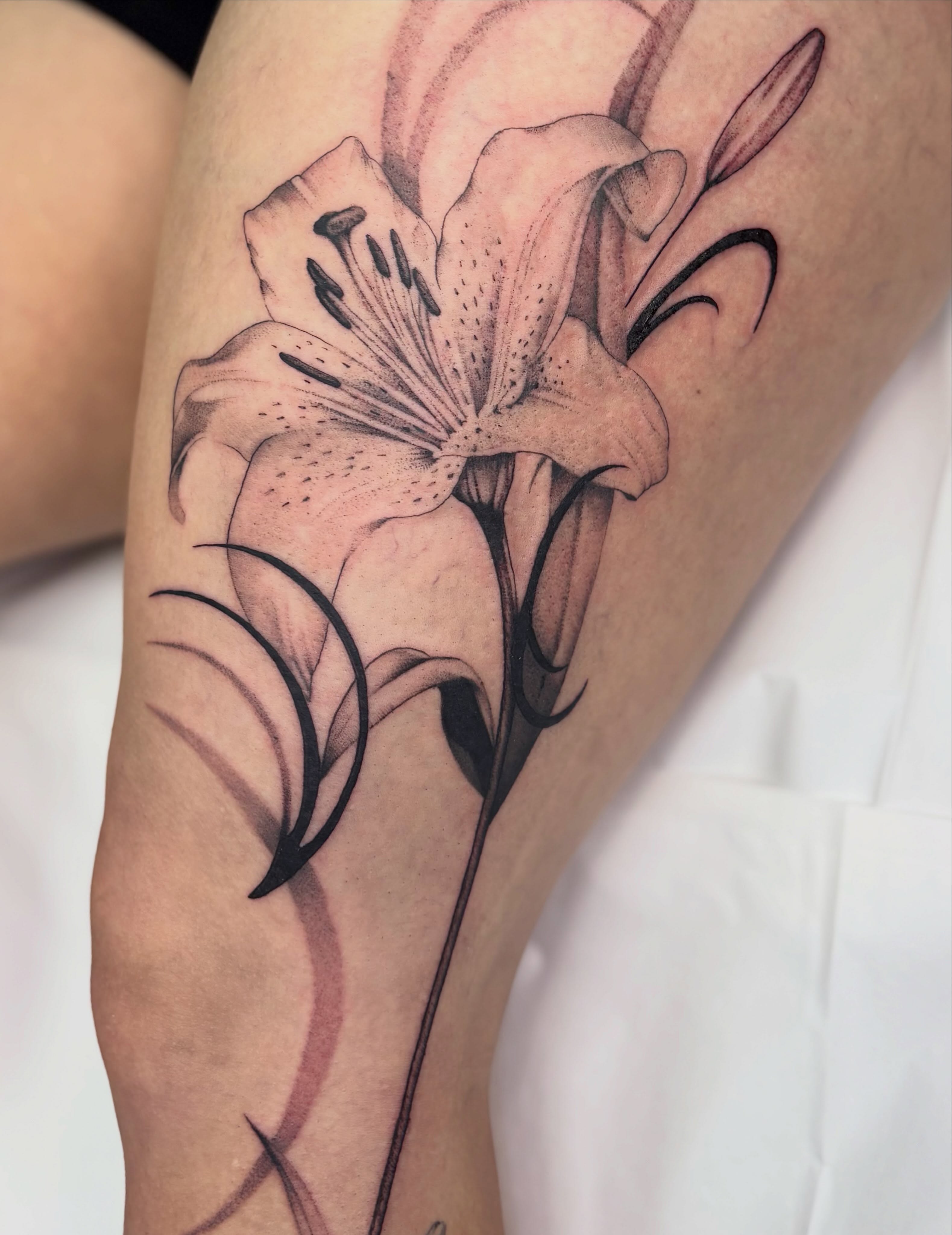 Lily black and grey tattoo on the forearm by Harley Lane ๐ซ