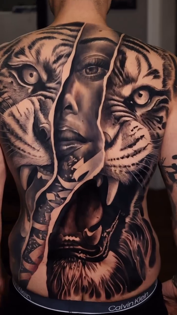 Tiger and woman's face realism tattoo by Ali Saleh 🇱🇧 Detroit Tattoo Artist, Dearborn, Michigan