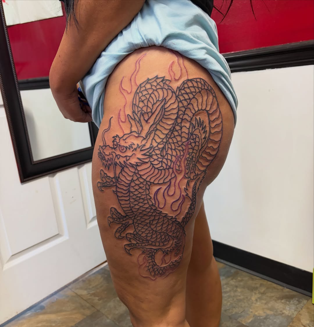 Dragon japanese irezumi tattoo on the thigh by Vudu Tattooer