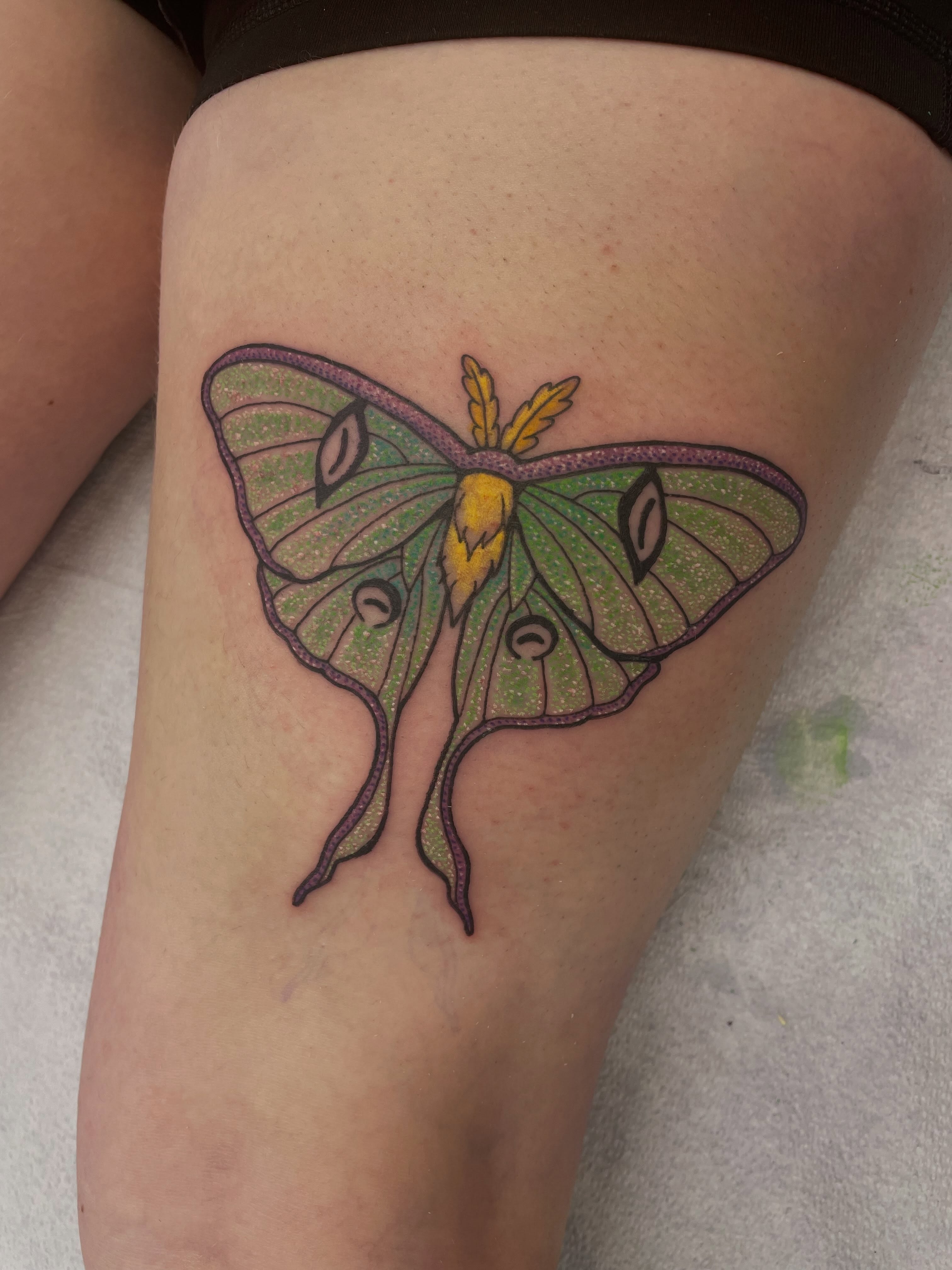 Moon moth illustrative tattoo on the thigh by Fionna Fanning