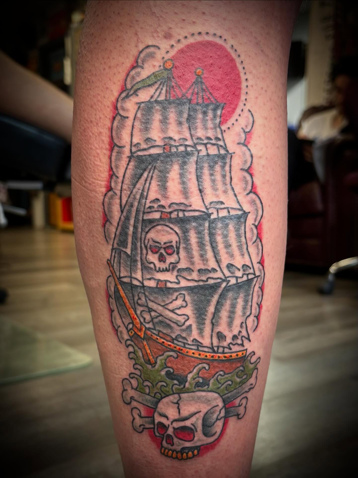 Pirate ship American traditional tattoo on the forearm by Gardner, Gardner, Massachusetts