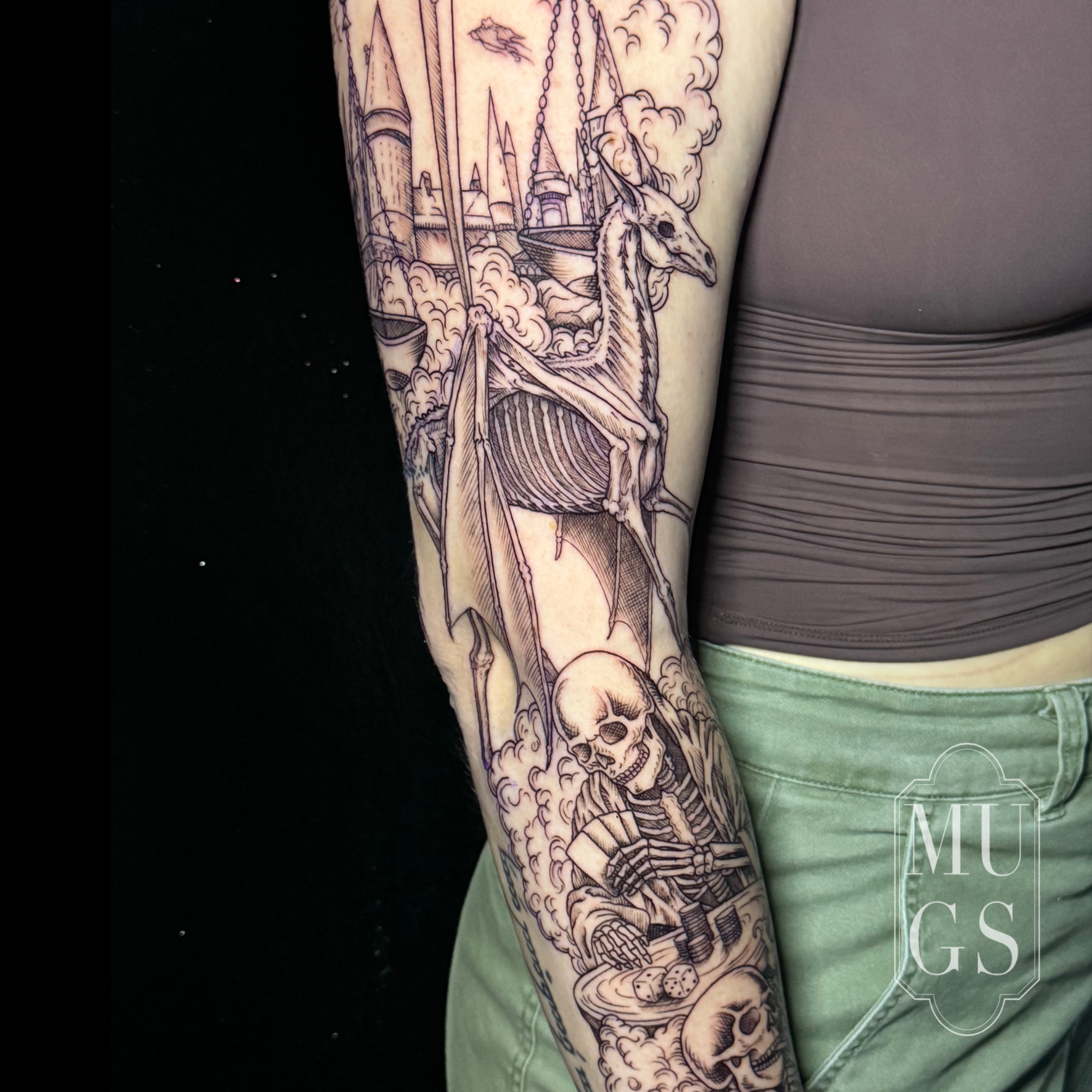 Ship and dragon realism tattoo on the forearm by Emily Andreozzi