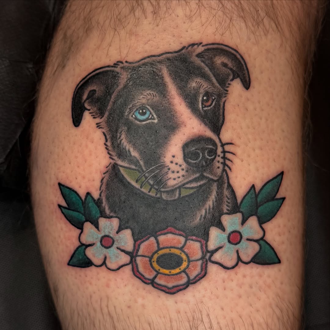 Pitbull with flowers realism tattoo on the forearm by Eva, Matawan, New Jersey