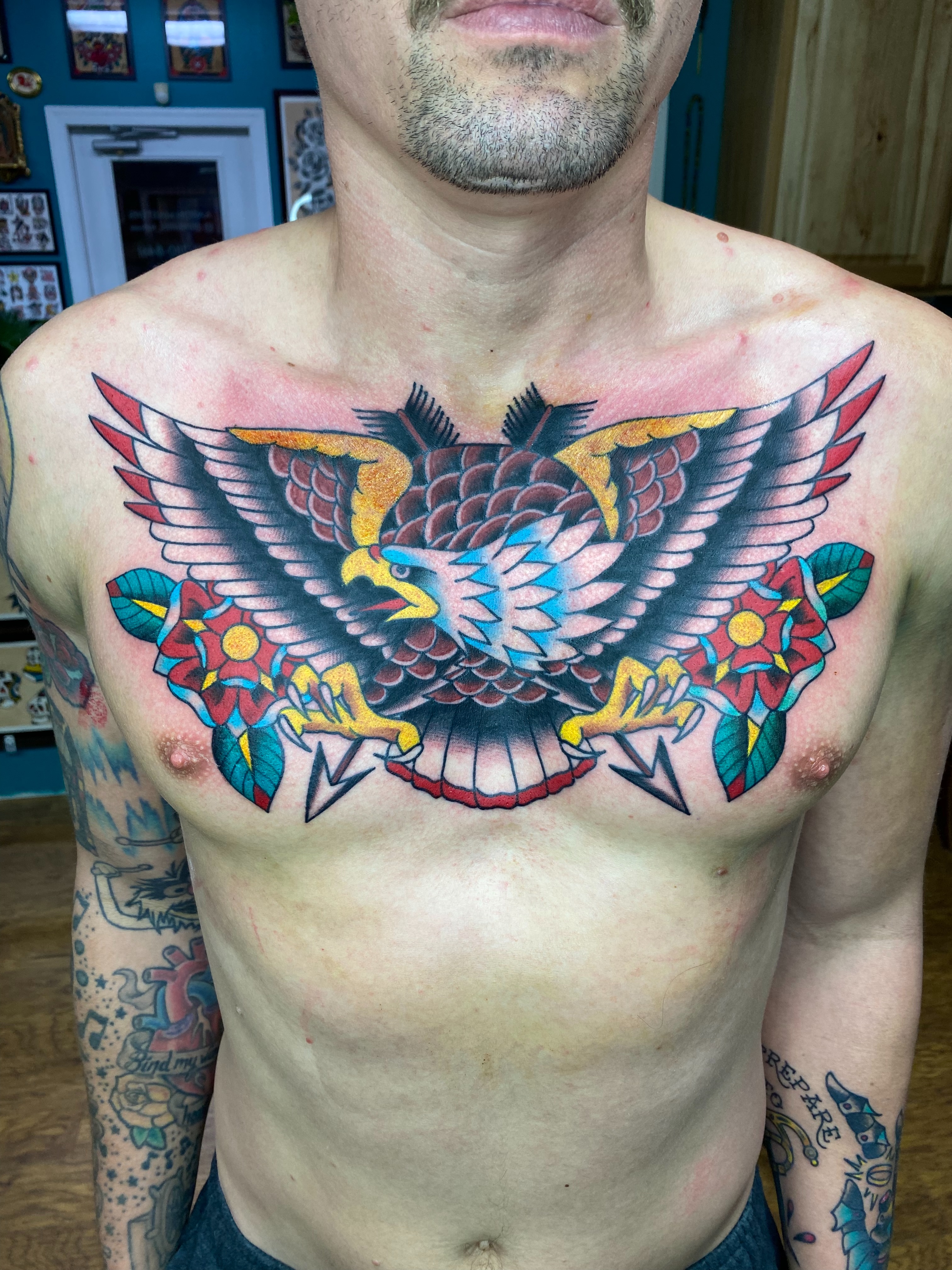 Eagle American traditional tattoo on the chest by AARON MASTERS - Tattoo Artist