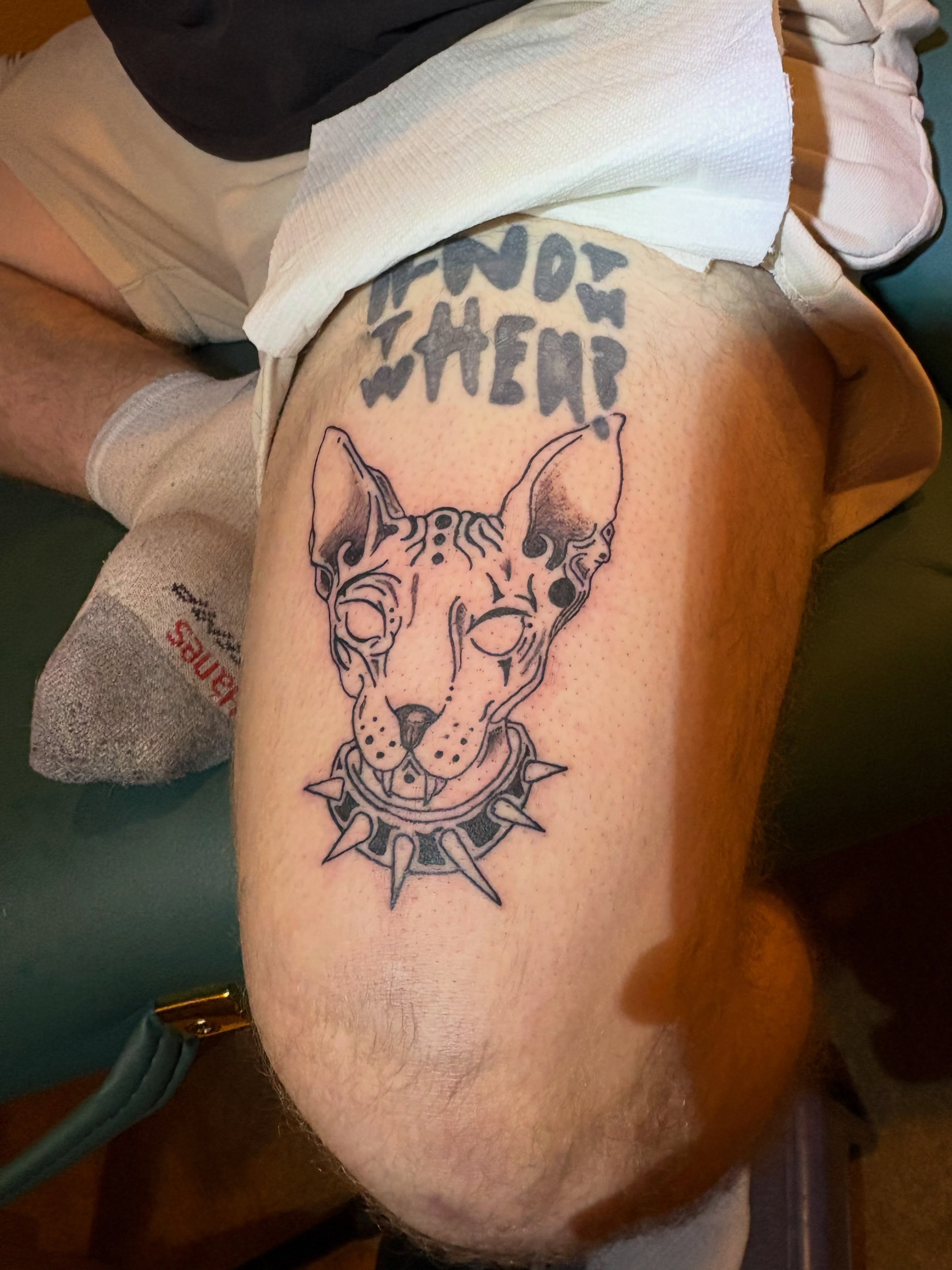 Cat geometric tattoo on the thigh by ART