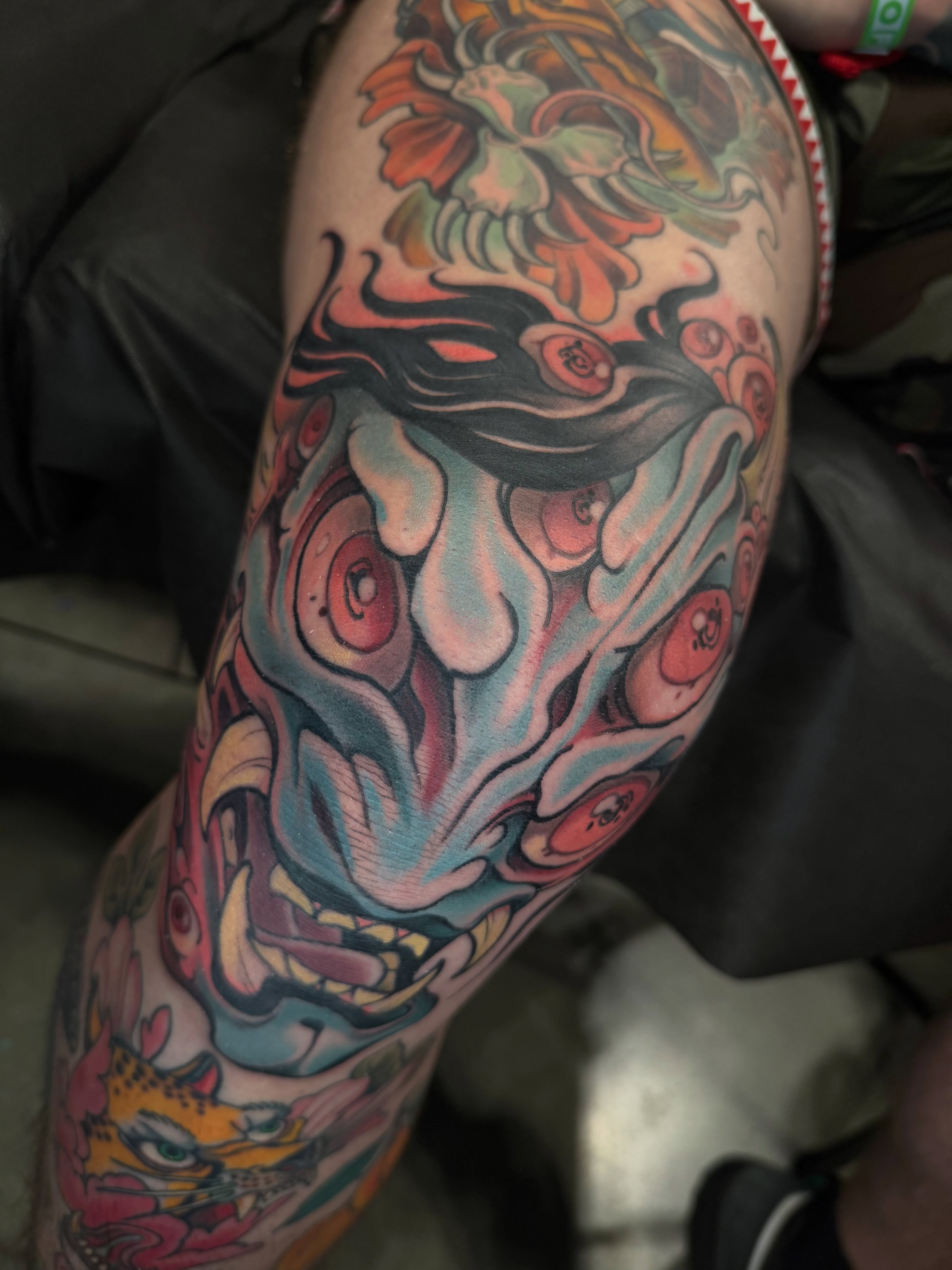 Mask japanese irezumi tattoo on the forearm by Freddie Brown, Lombard, IL