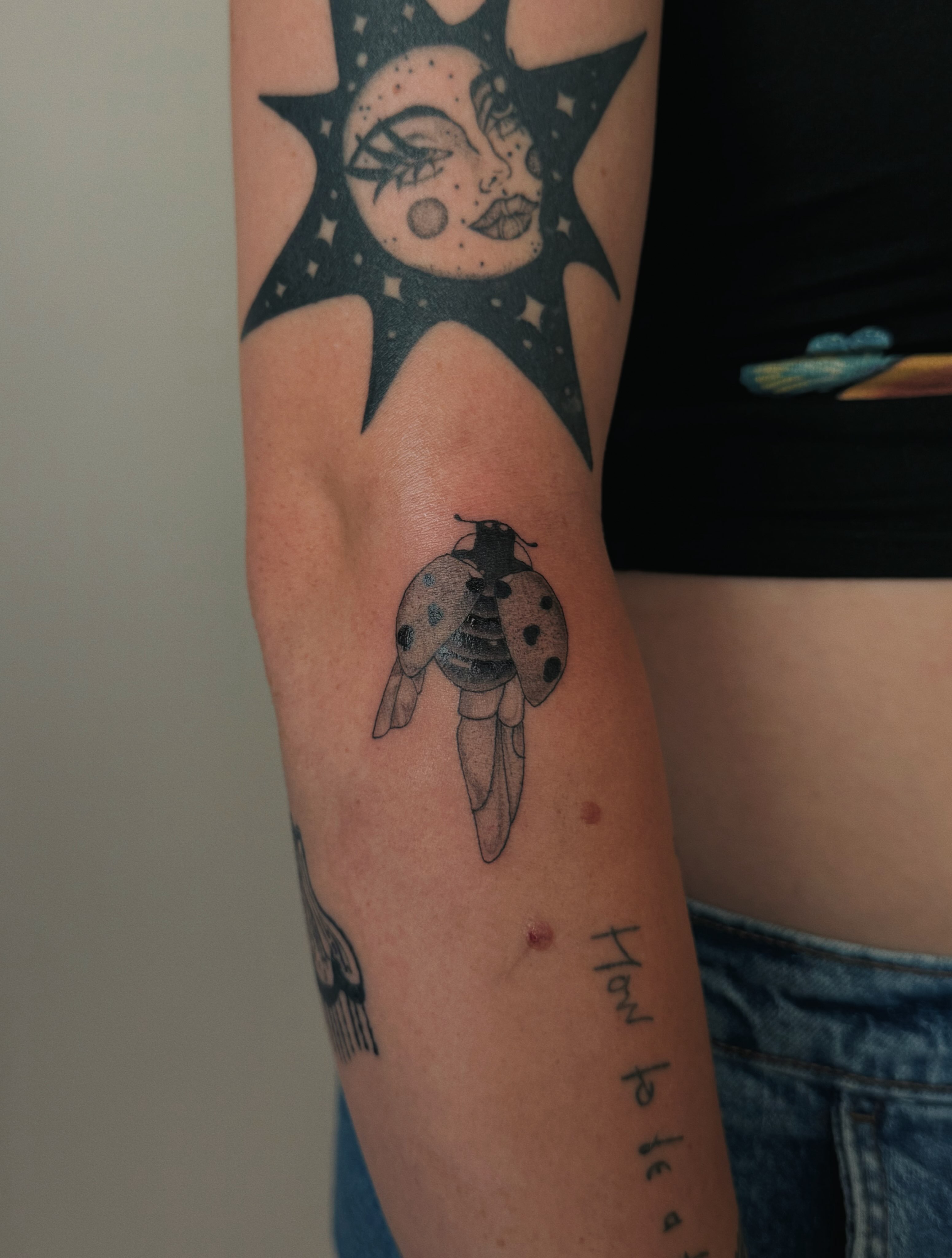 Ladybug black and grey tattoo on the forearm by Paulina Vazquez