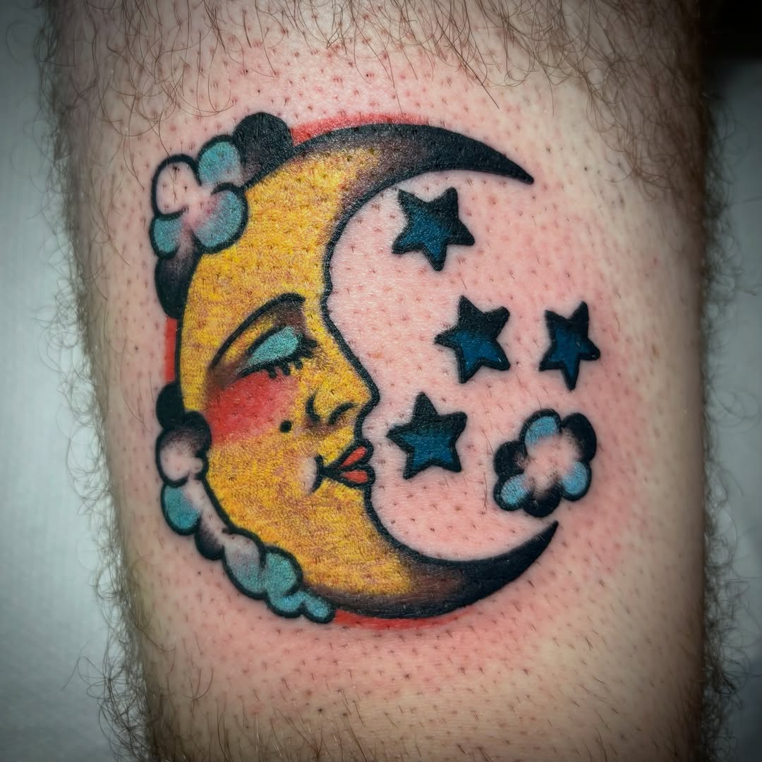Moon and stars new school tattoo on the forearm by Danny DiBlasi, San Francisco, California