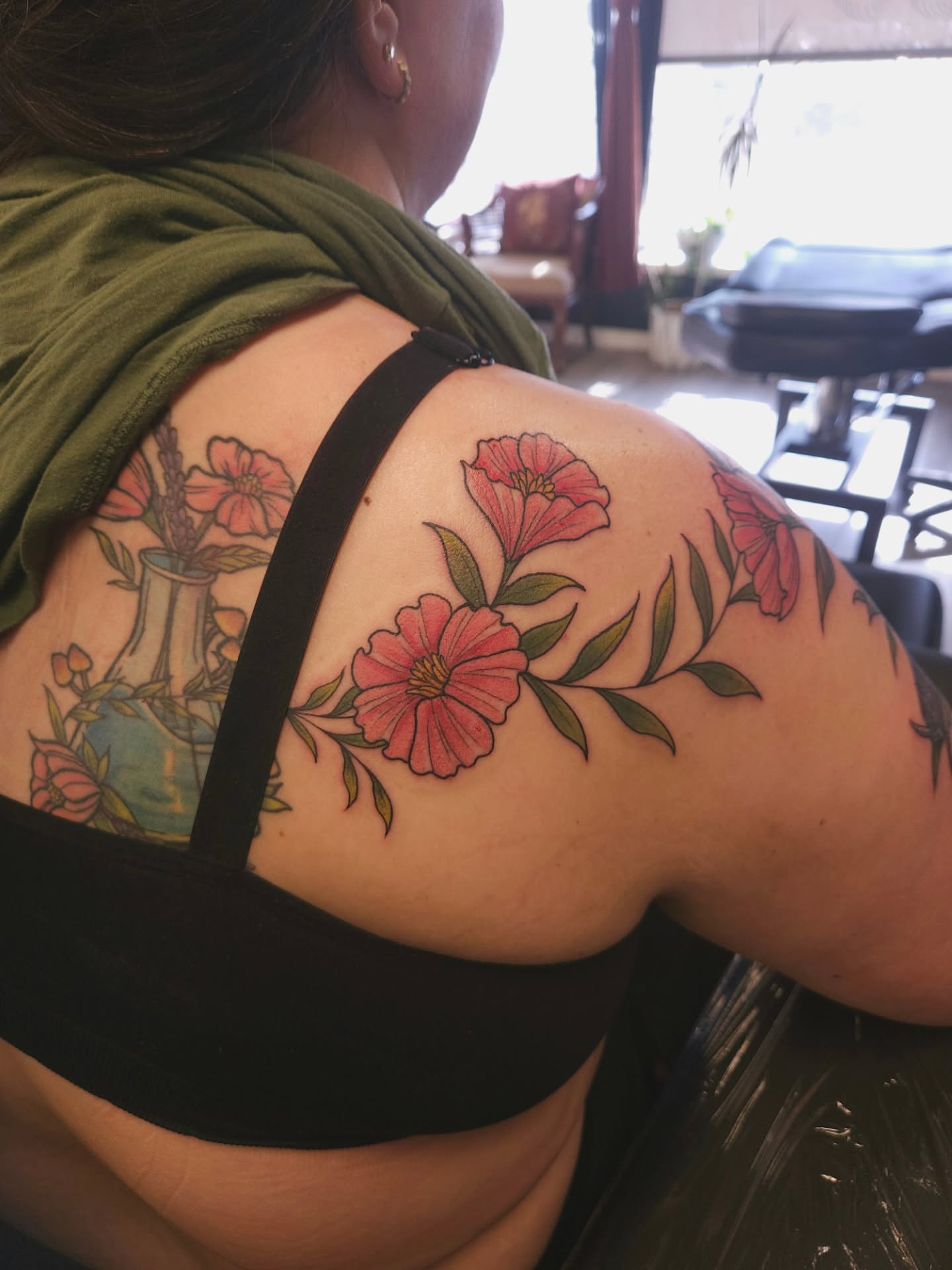 Flowers new school tattoo on the shoulder by πΎπππππ πΎπππππ