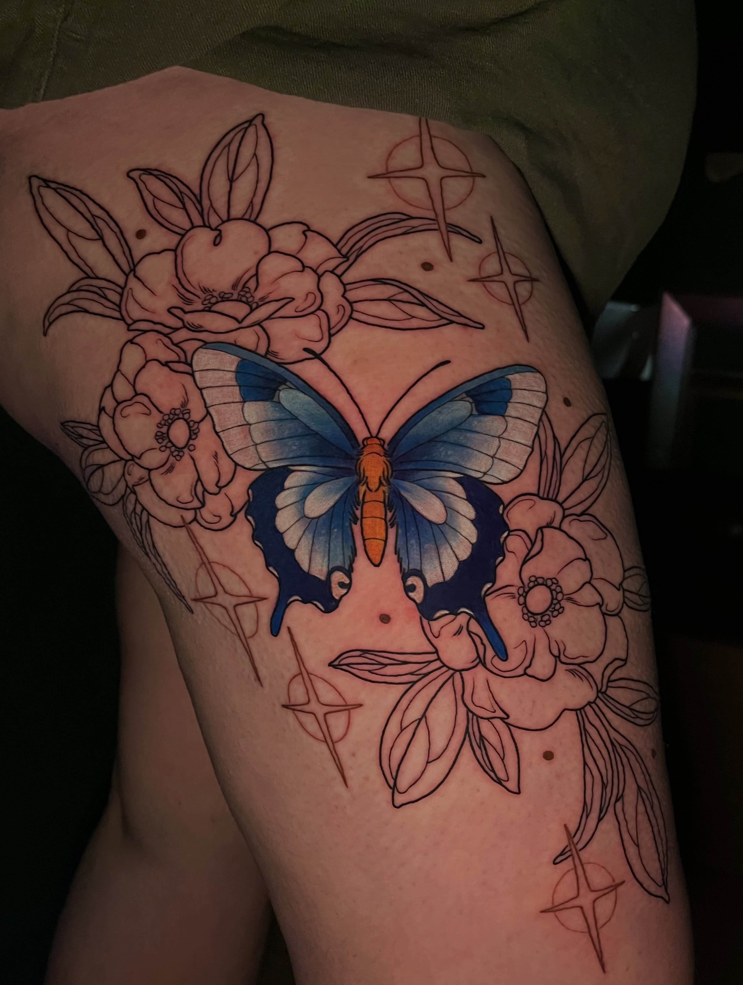 Butterfly and flowers new school tattoo on the thigh by Summer Machelle, Orange, California