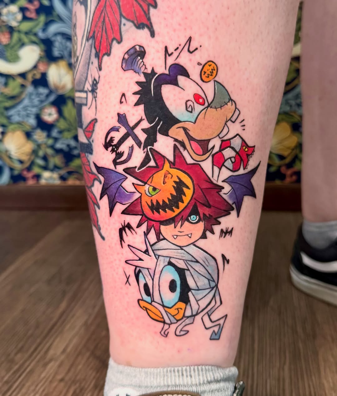Halloween characters dotwork tattoo on the leg by Joey Topacio