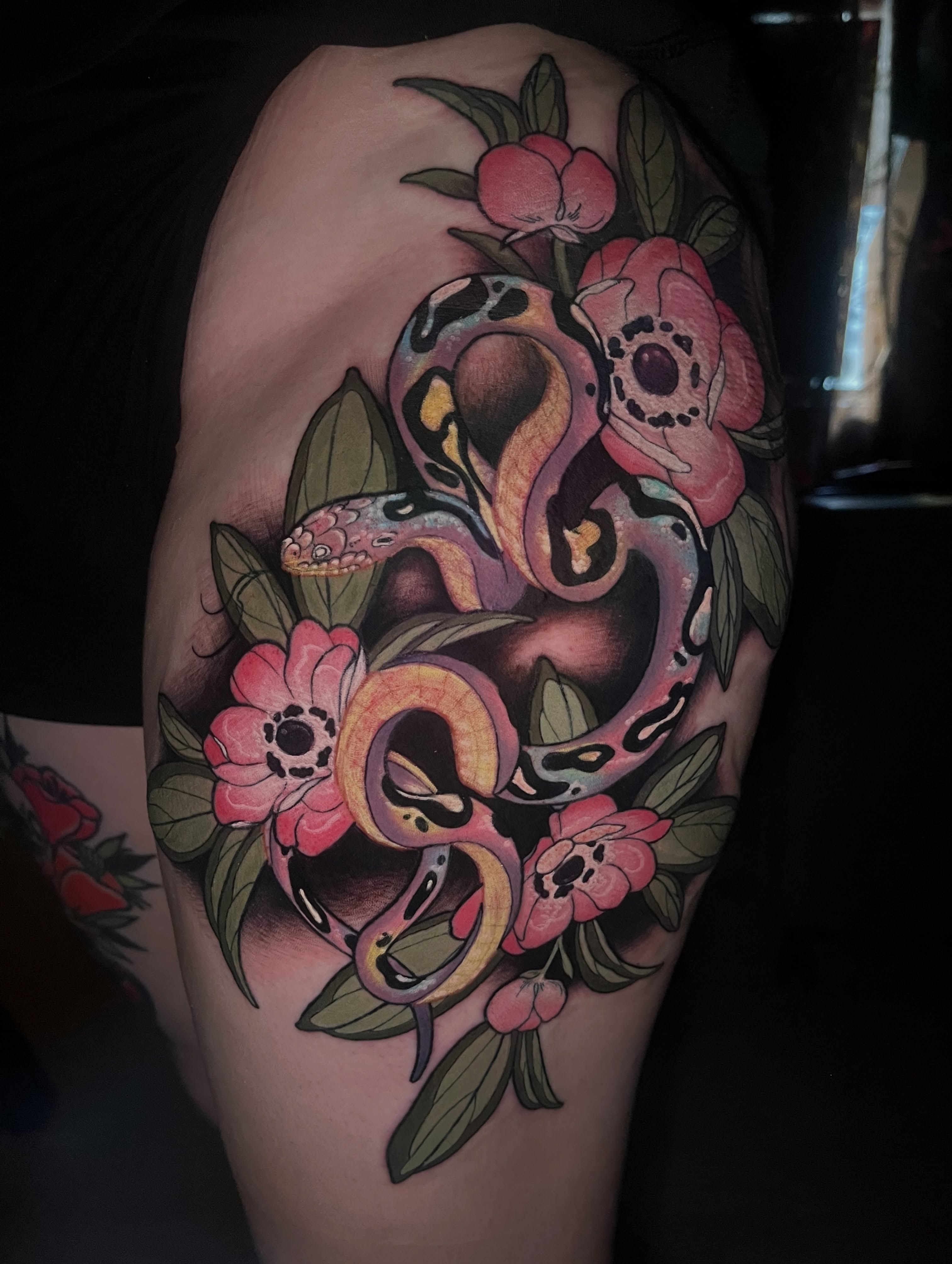 Snake and peony American traditional tattoo on the thigh by Summer Machelle, Orange, California