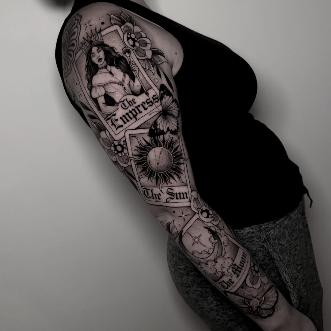 Tarot card black and grey tattoo on the upper arm by ɪᴠᴏɴɴᴇ