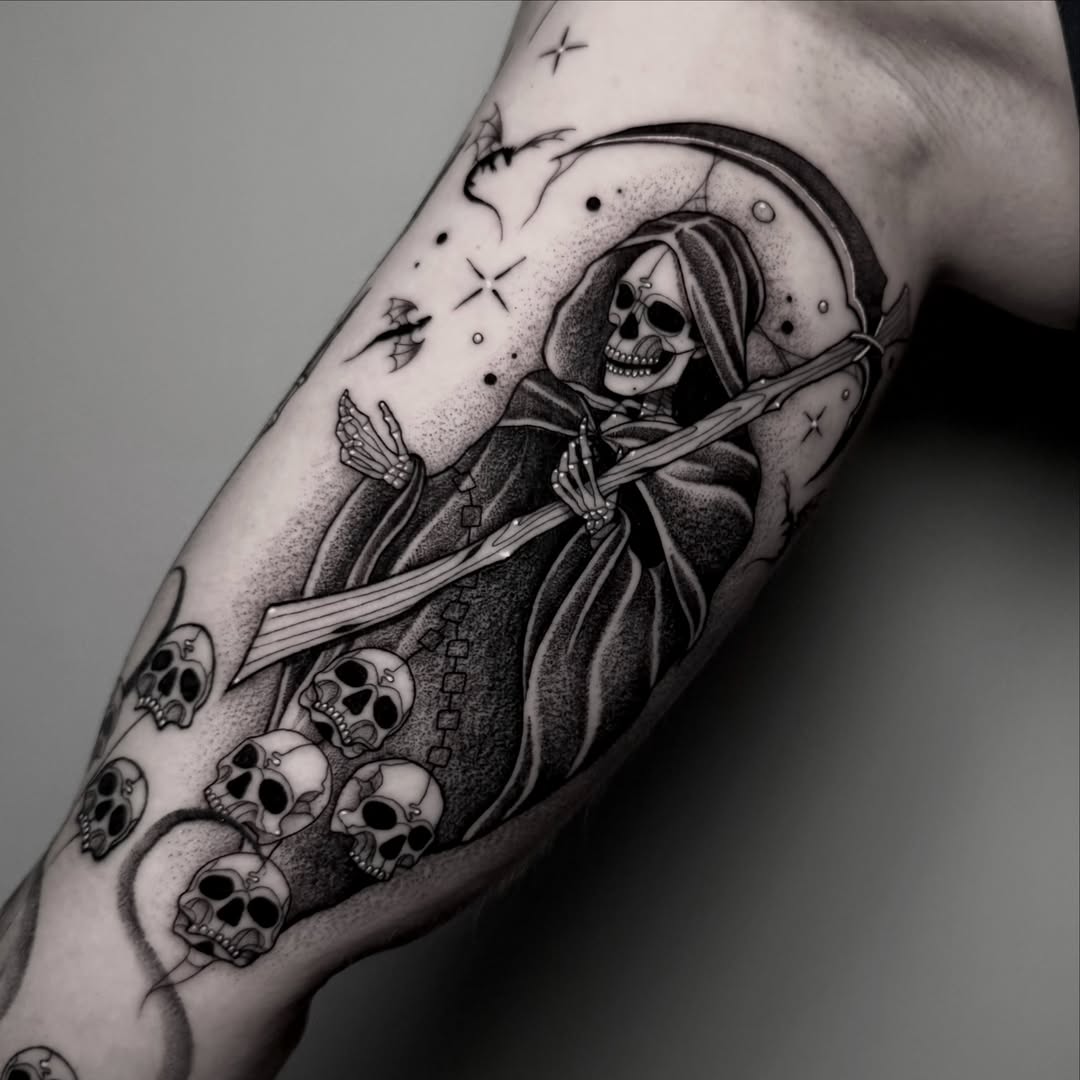 Reaper with scythe dotwork tattoo on the forearm by ɪᴠᴏɴɴᴇ