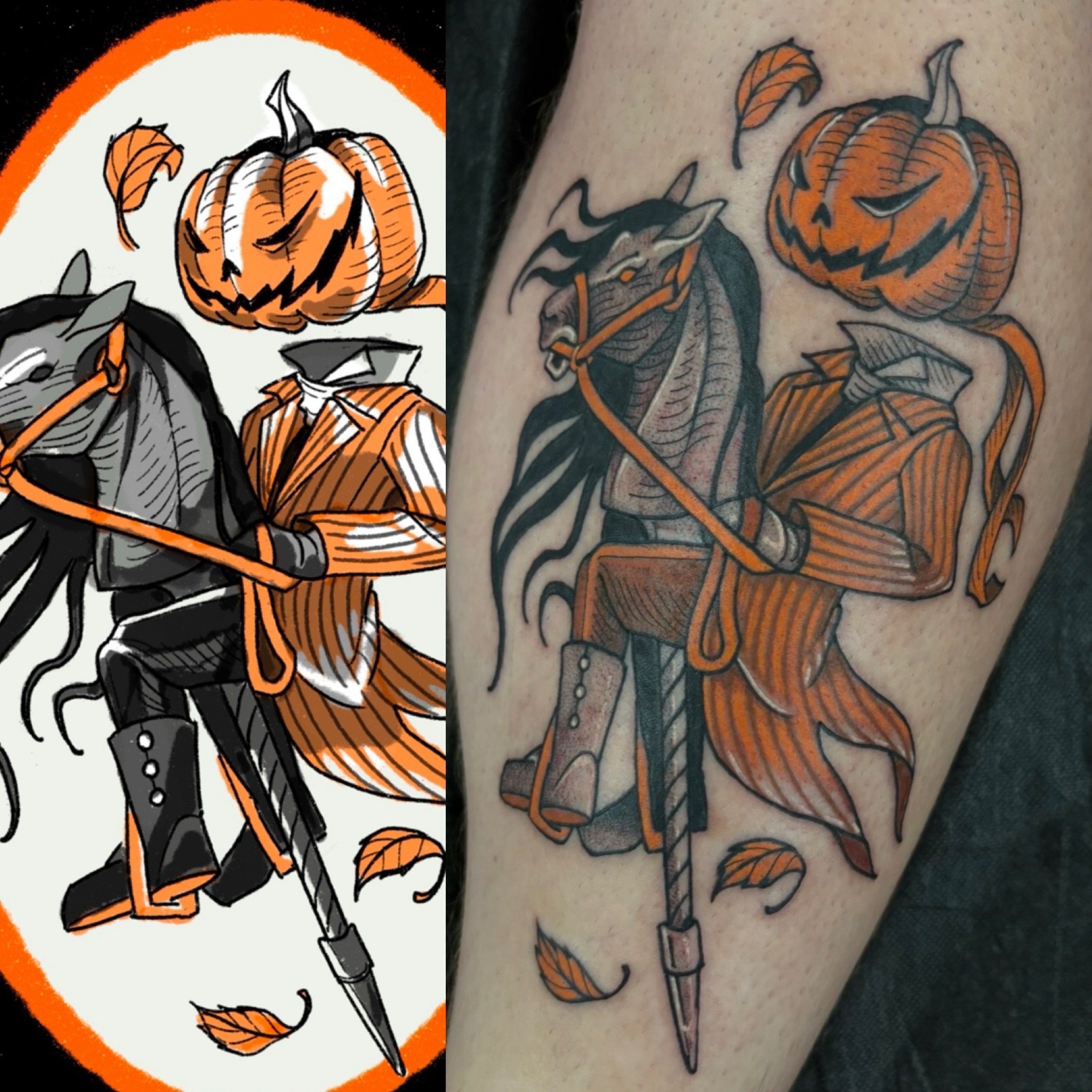 Pumpkin-headed horseman American traditional tattoo on the forearm by ๐๐๐ฏ๐ฌ๐ซ ๐๐ก๐ก๐๐ช๐ฐ