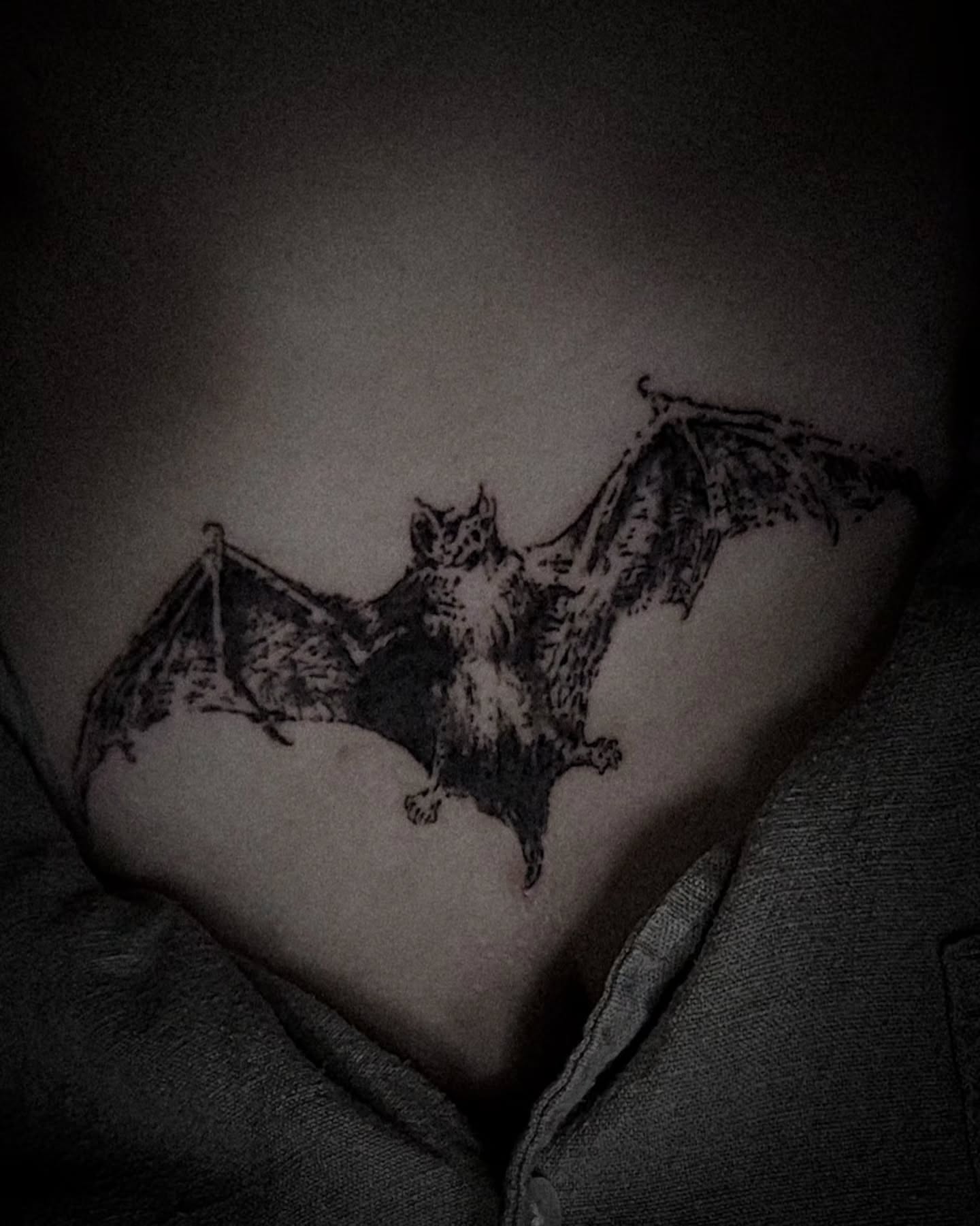 Bat black and grey tattoo on the chest by Luca