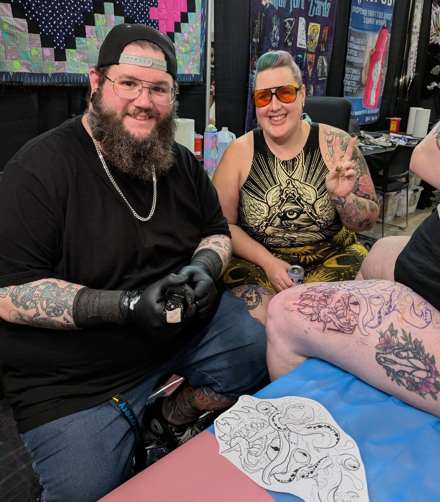 Octopus and floral new school tattoo on the thigh by Will Alexander, Lombard, Illinois