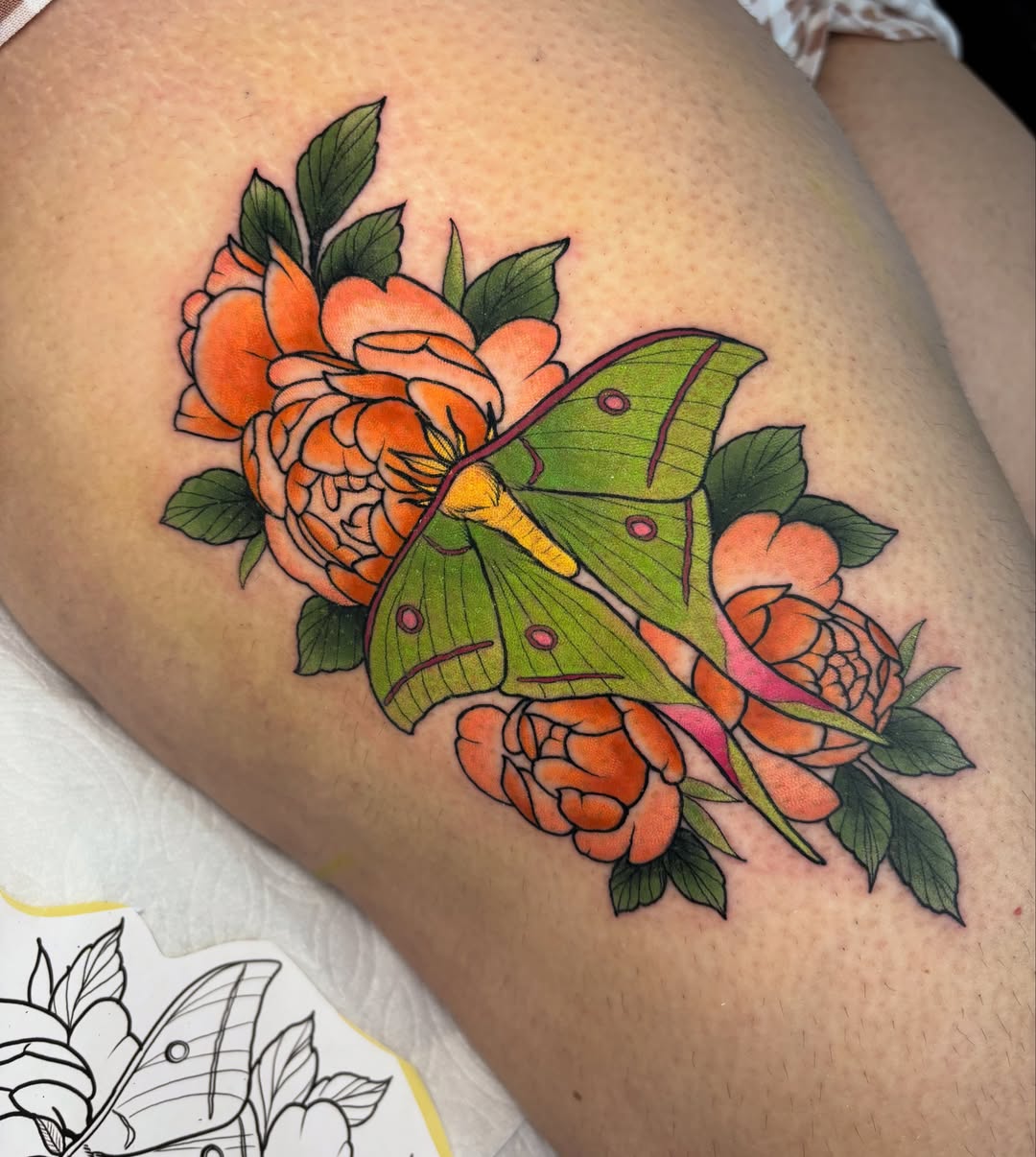 Roses and luna moth American traditional tattoo on the thigh by ✨REiD✨