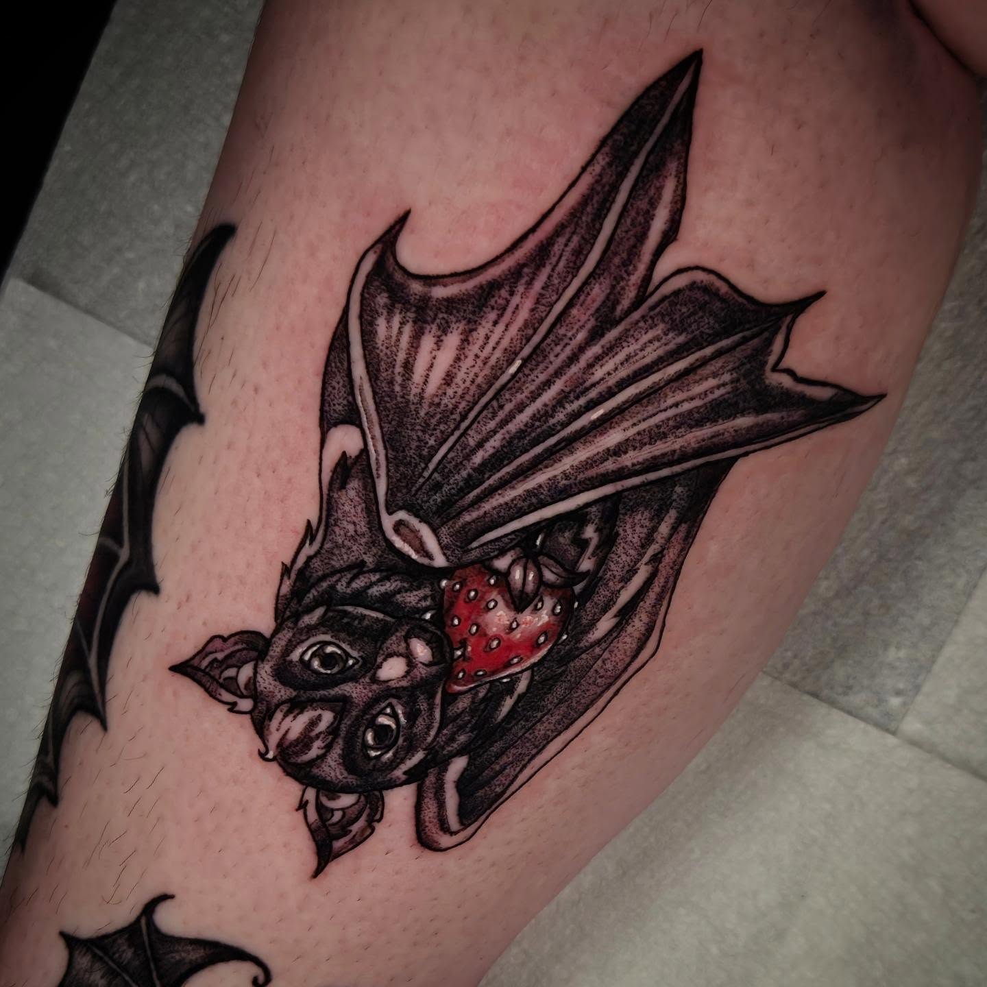 Bat black and grey tattoo on the thigh by Devin 🖤