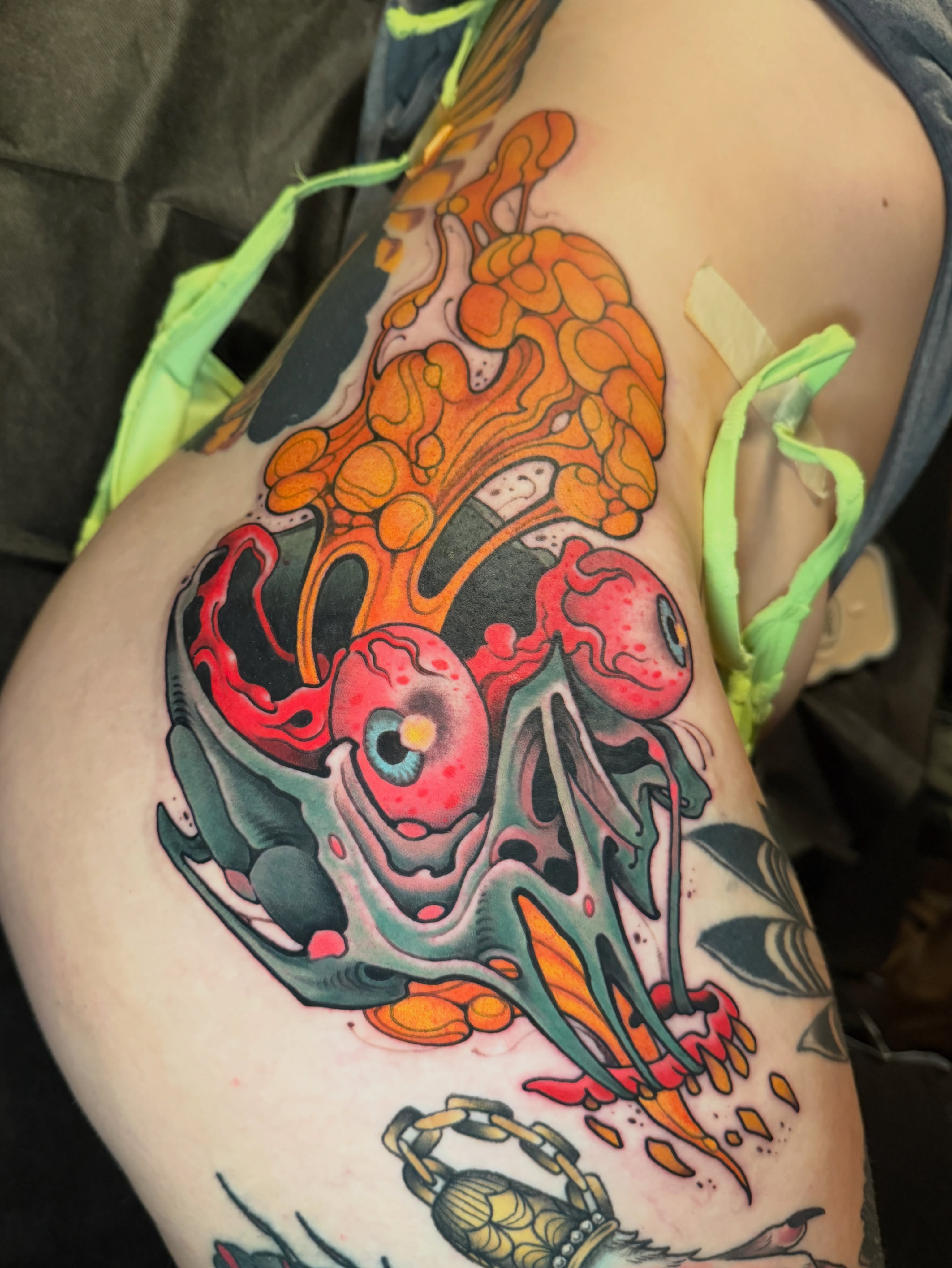 Jellyfish new school tattoo on the thigh by JoshUA Bowers, Des Moines, Iowa