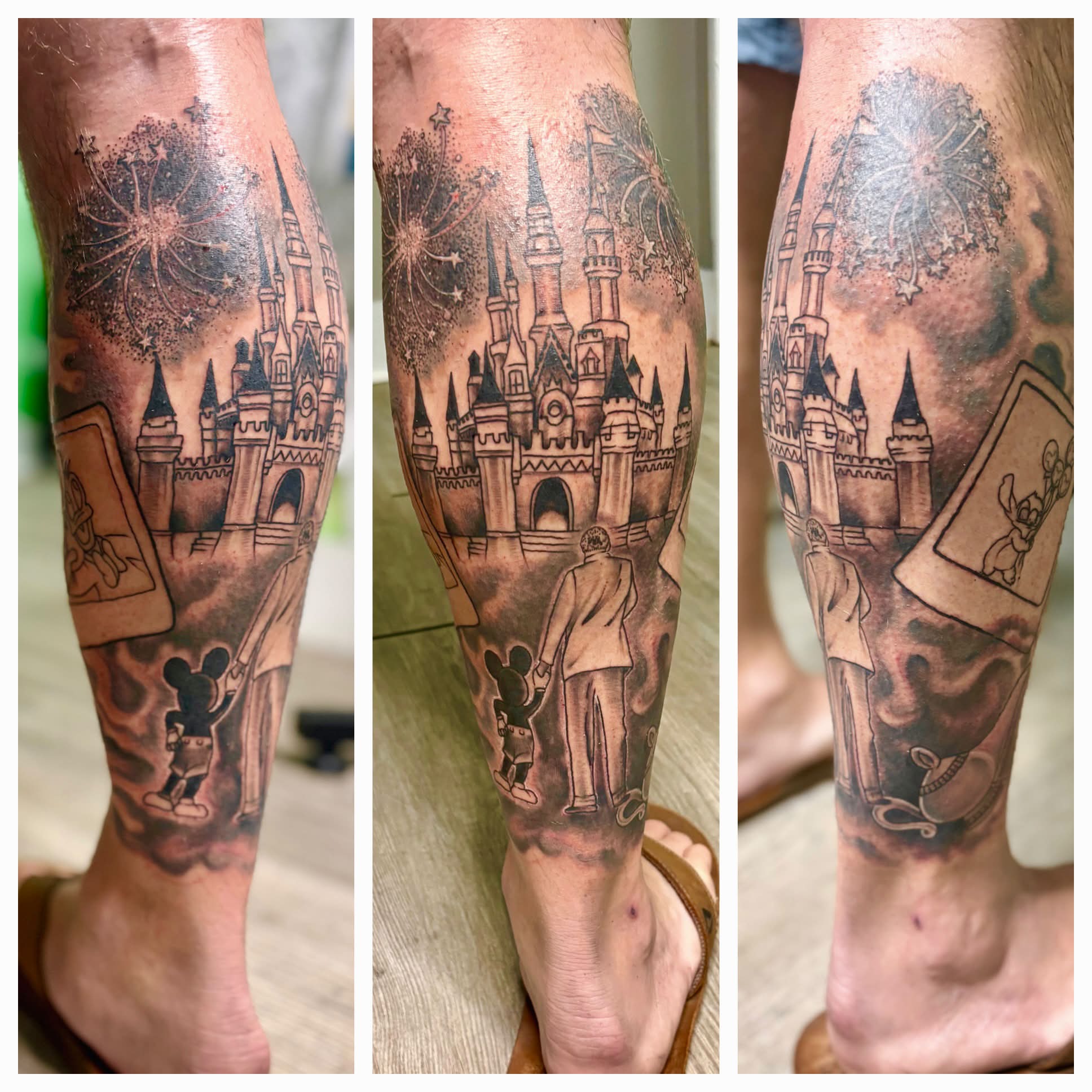 Castle and fireworks black and grey tattoo on the calf by Dani Demo-Harris