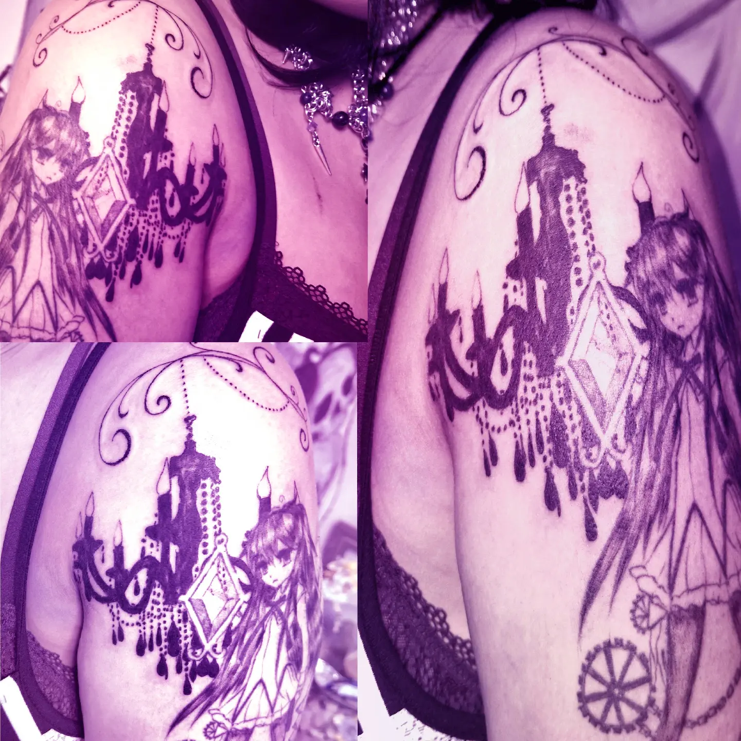 Chandelier and anime girl anime tattoo on the shoulder by hallowed girl tattoo