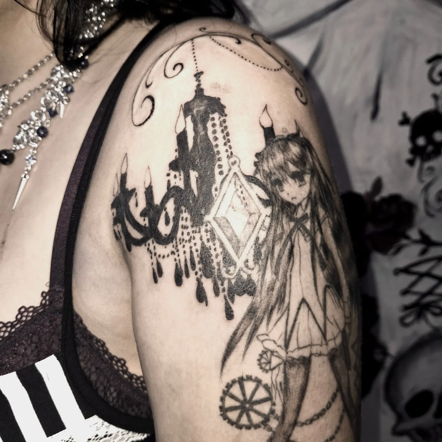 Anime girl with chandelier anime tattoo on the shoulder by hallowed girl tattoo