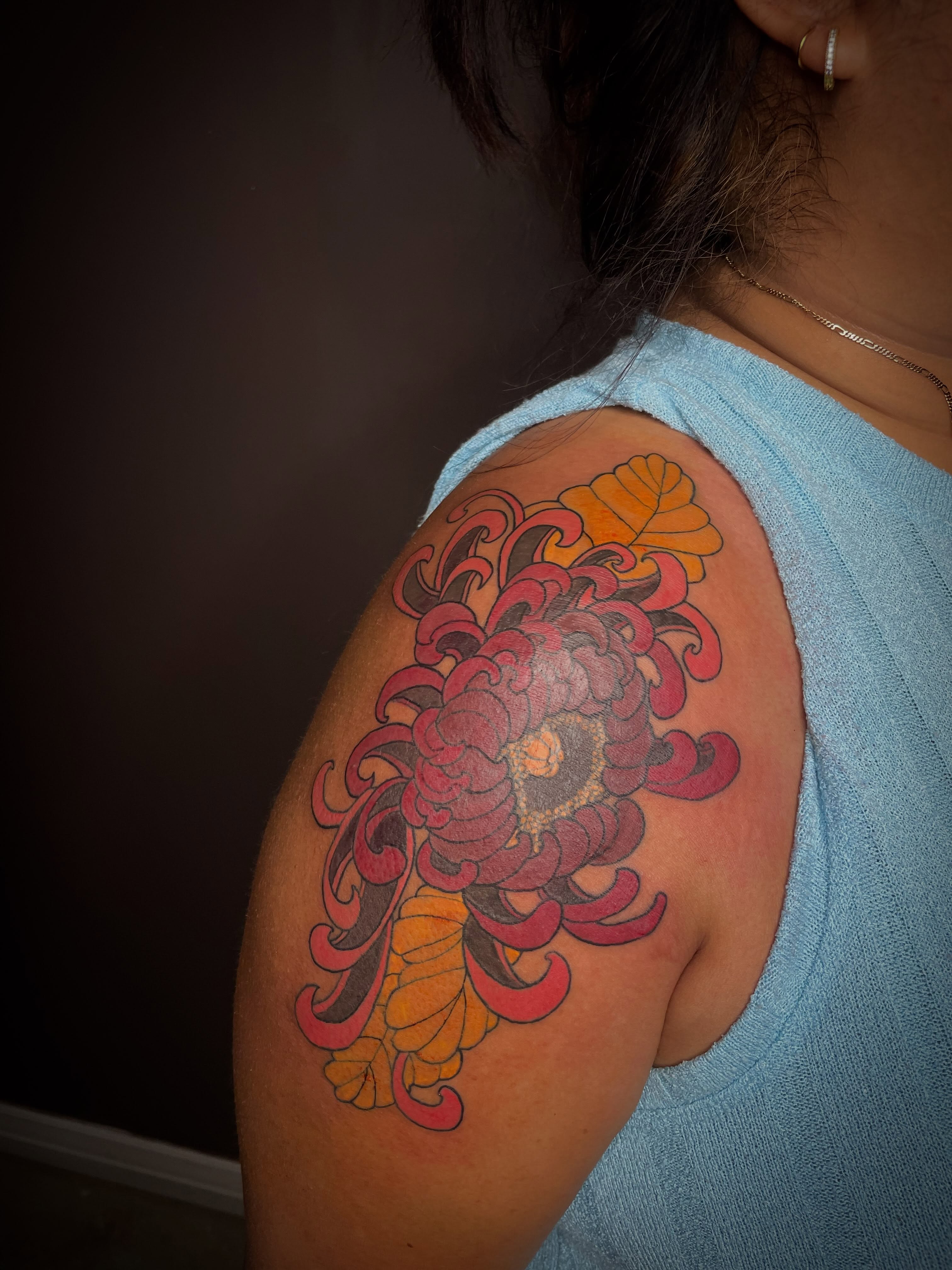 Chrysanthemum japanese irezumi tattoo on the shoulder by Kaylee 🗡️
