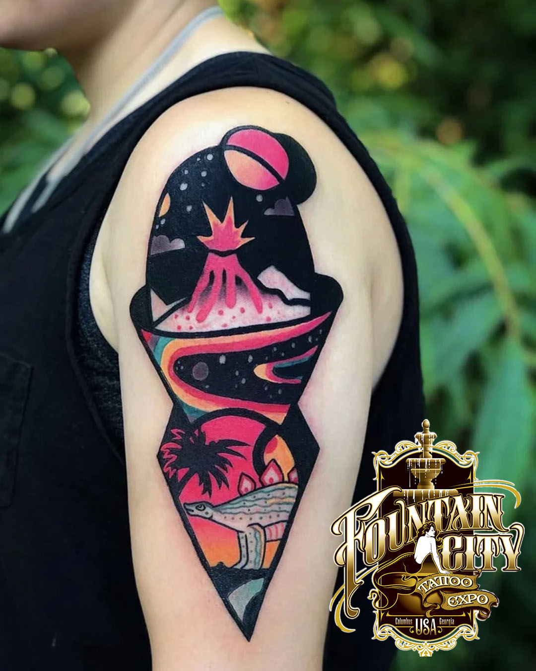 Volcano eruption American traditional tattoo on the shoulder by Joe tatum ~Tattoo~