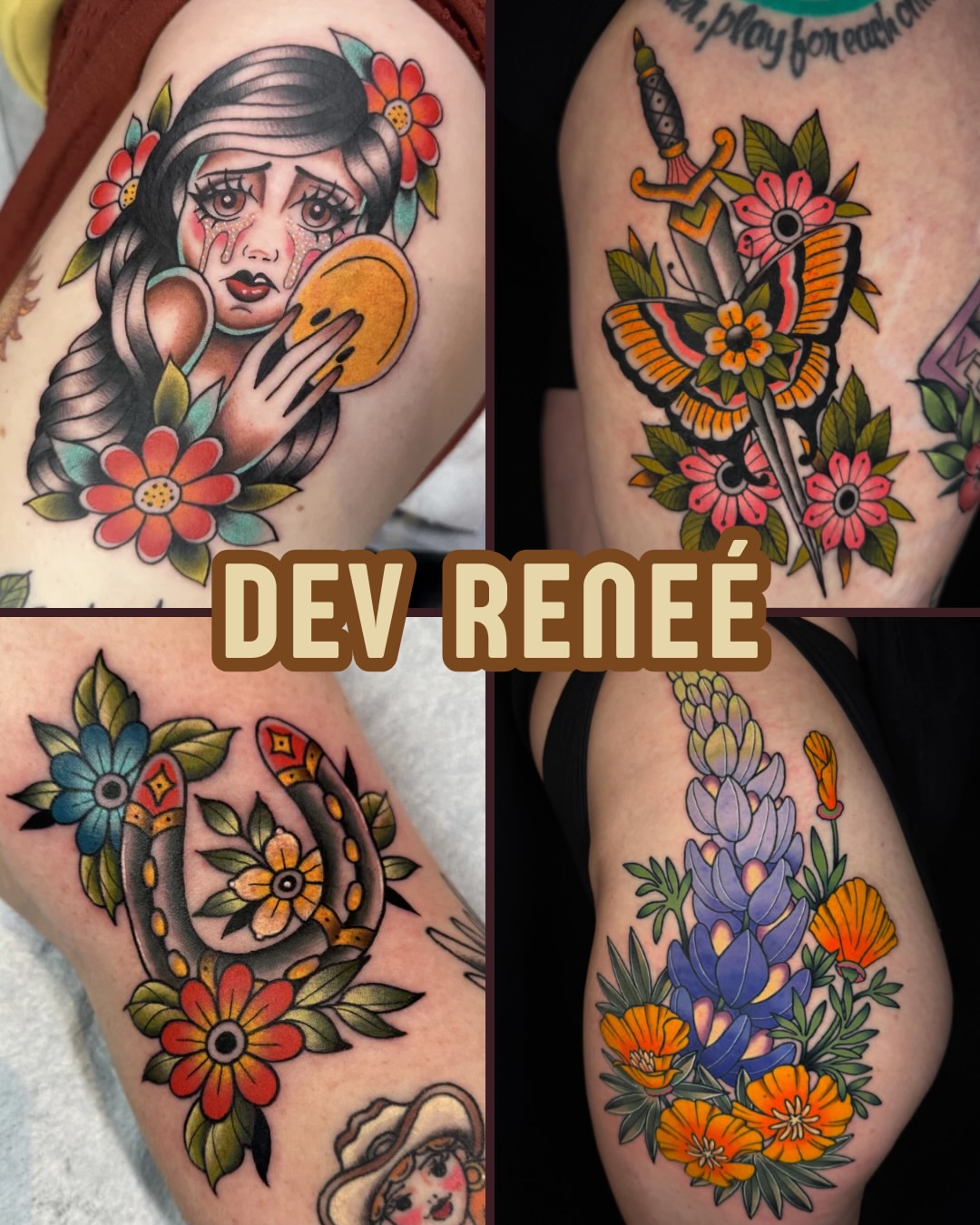 Floral and figurative American traditional tattoo on the thigh by ♥︎ ᴅᴇᴠ ʀᴇɴᴇᴇ ♥︎