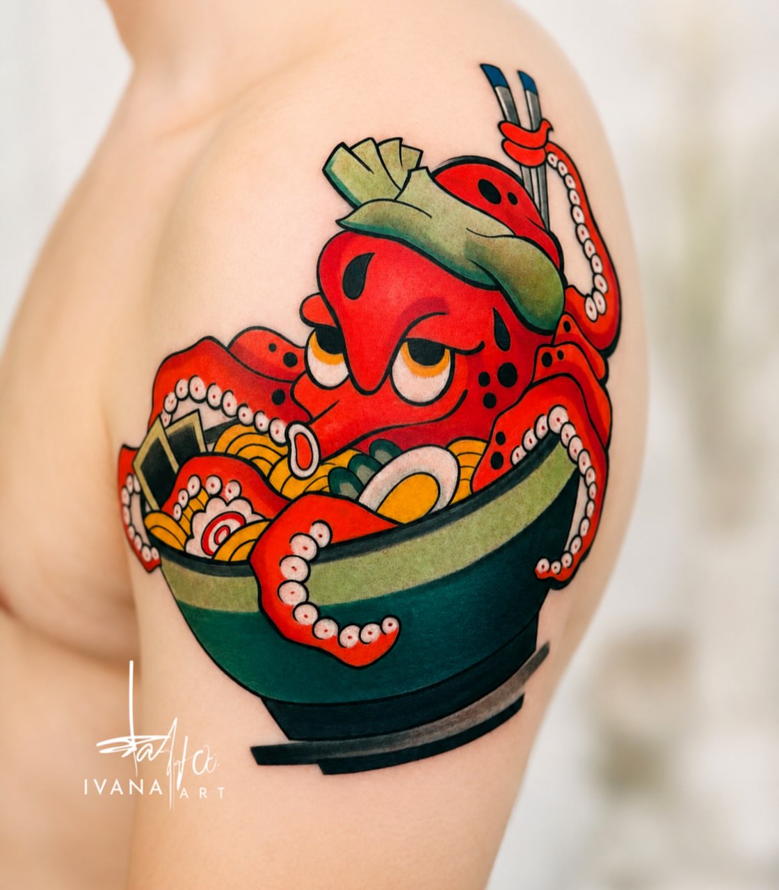 Octopus American traditional tattoo on the shoulder by Ivana Belakova