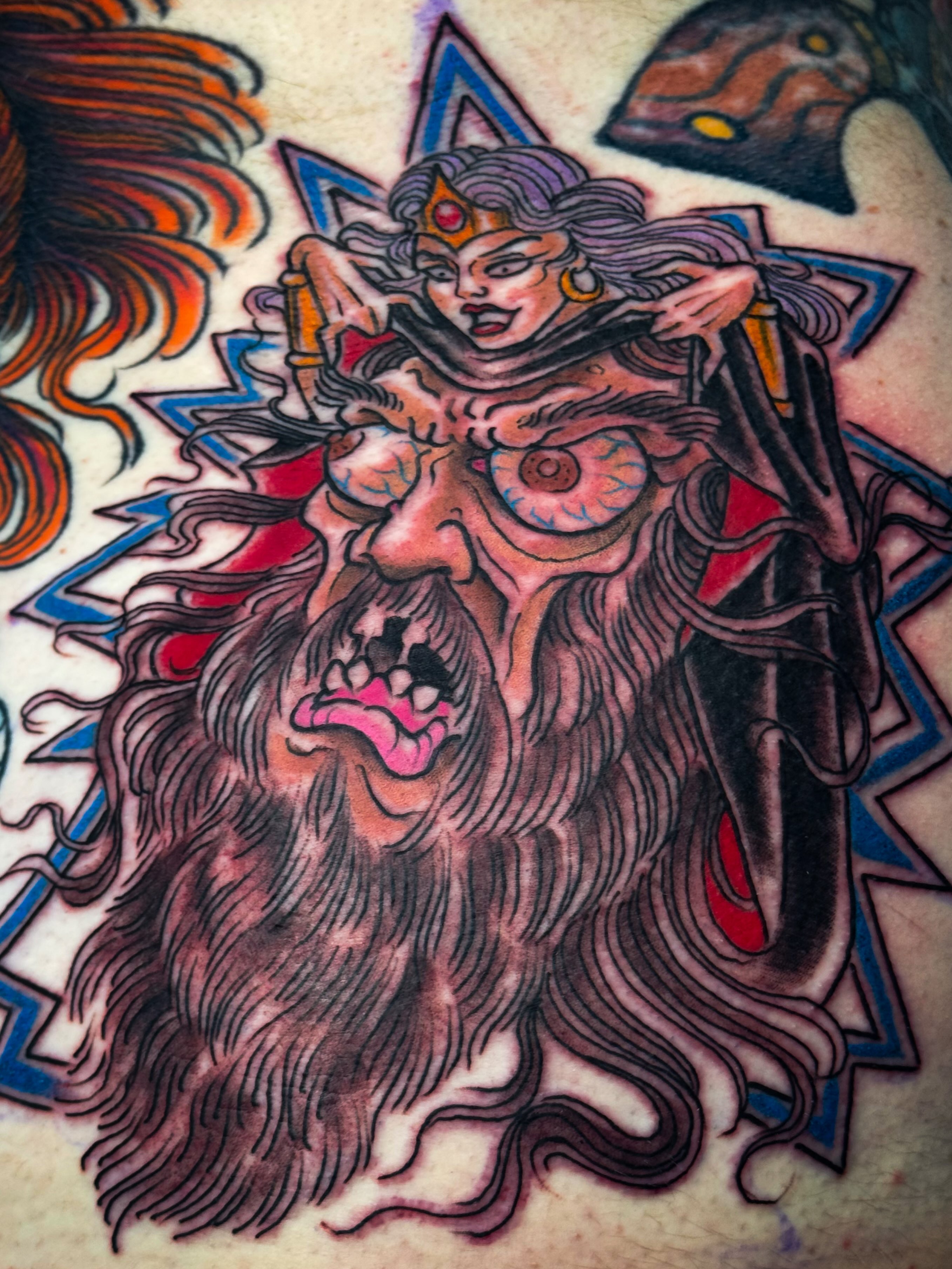 Bearded woman American traditional tattoo on the chest by Bob Lackner