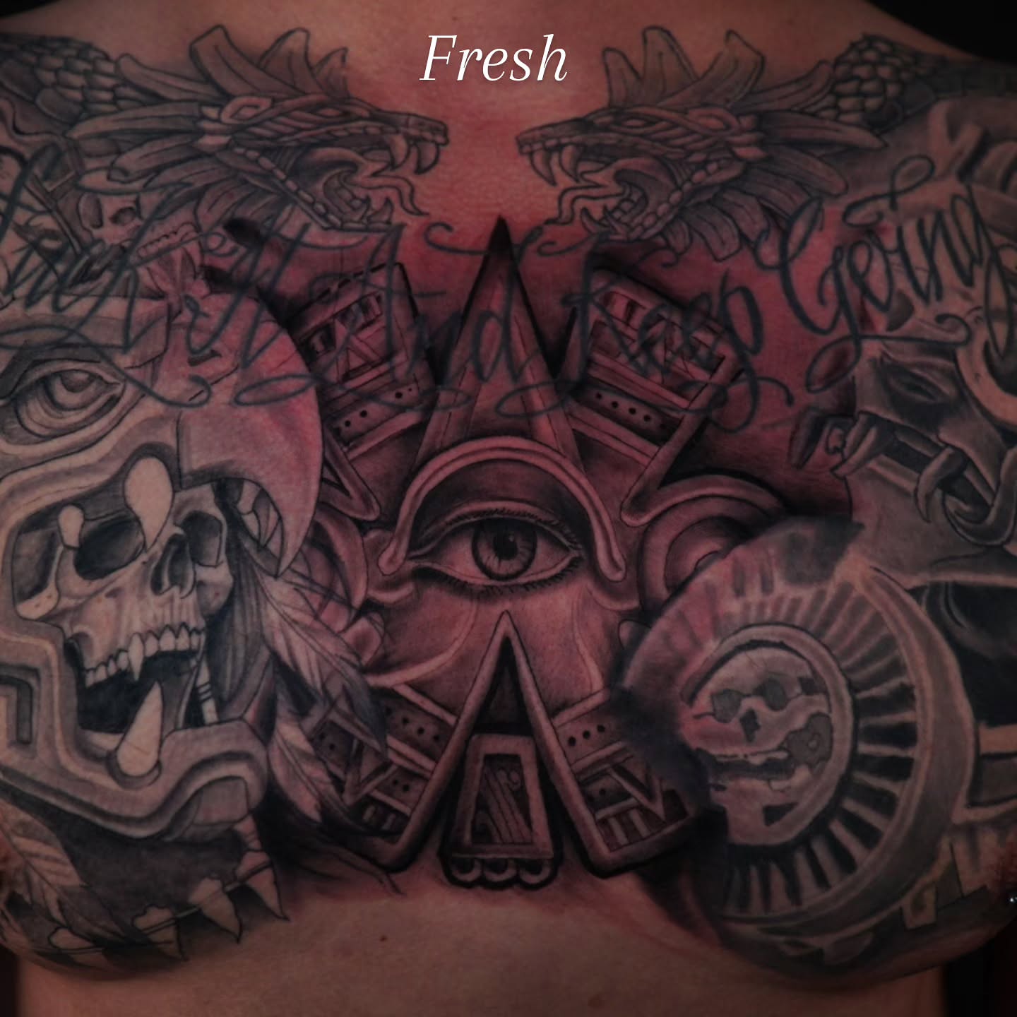 Mask with eye and skull realism tattoo on the chest by @tattoobytats