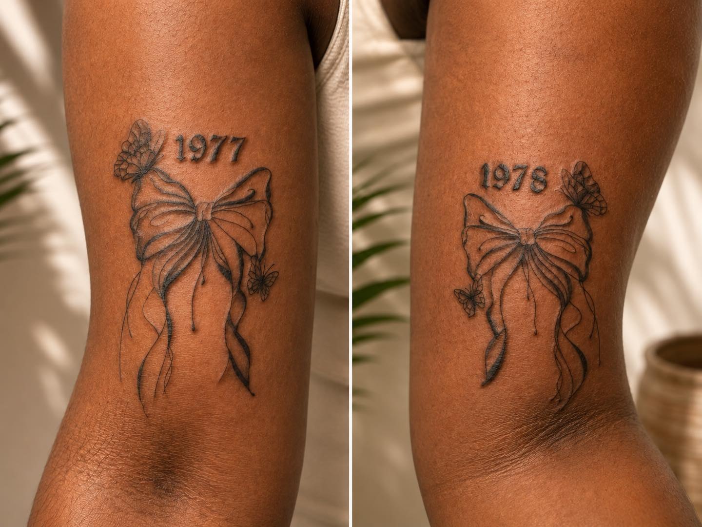 Bow and butterfly black and grey tattoo on the forearm by Flamboyant