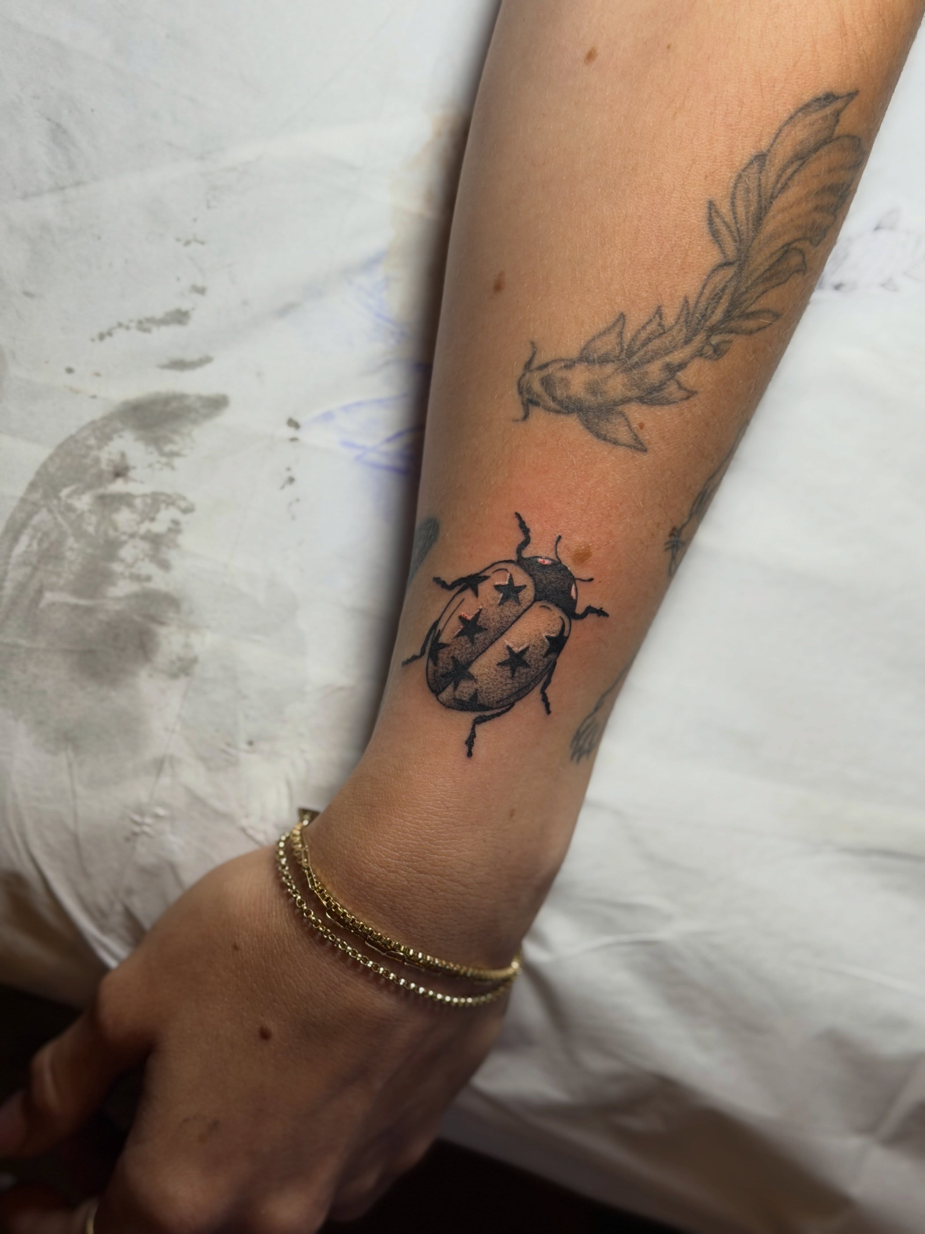 Ladybug black and grey tattoo on the forearm by Nicole Libretti ✶ Tattoo ✶ Hvny